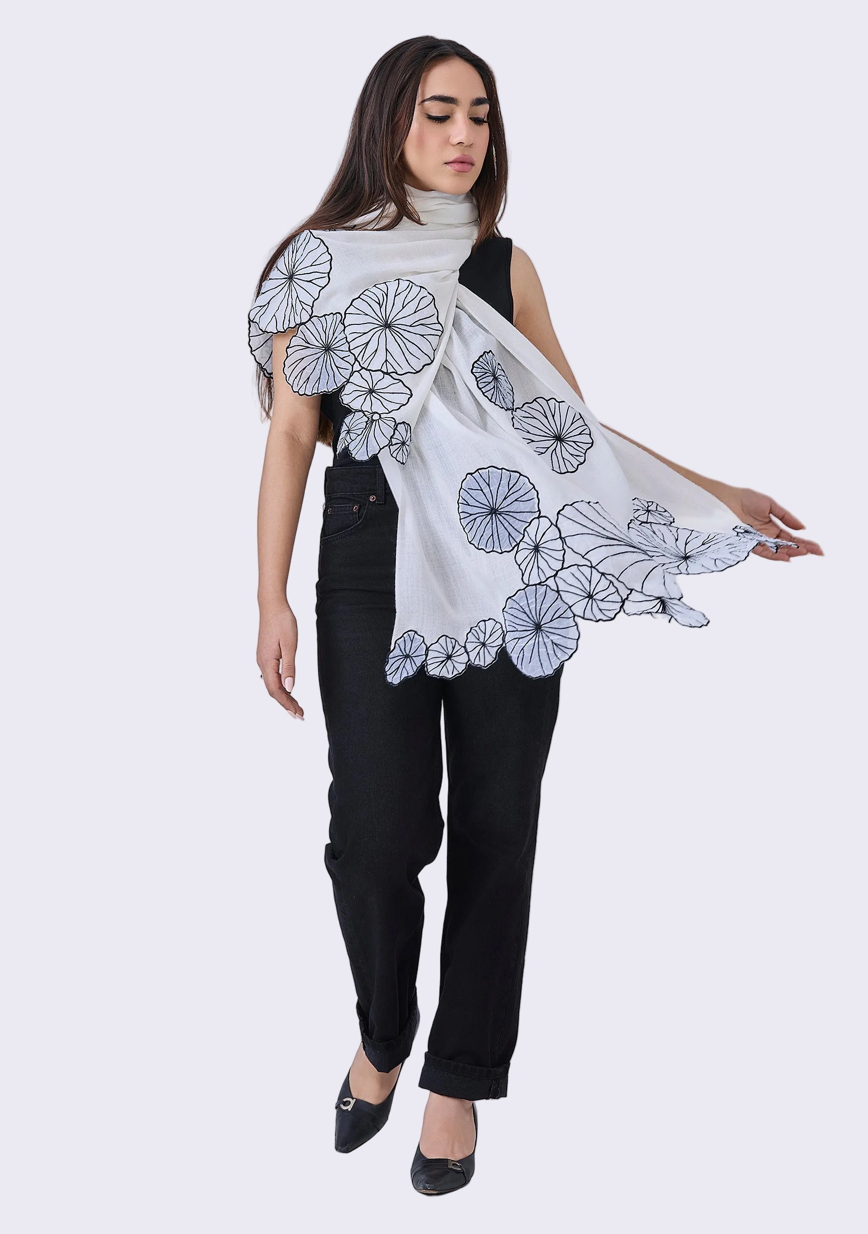 Maneesha Ruia Ivory Cashmere Scarf — cascading white and black lotus leaf appliqués on luxuriously soft cashmere