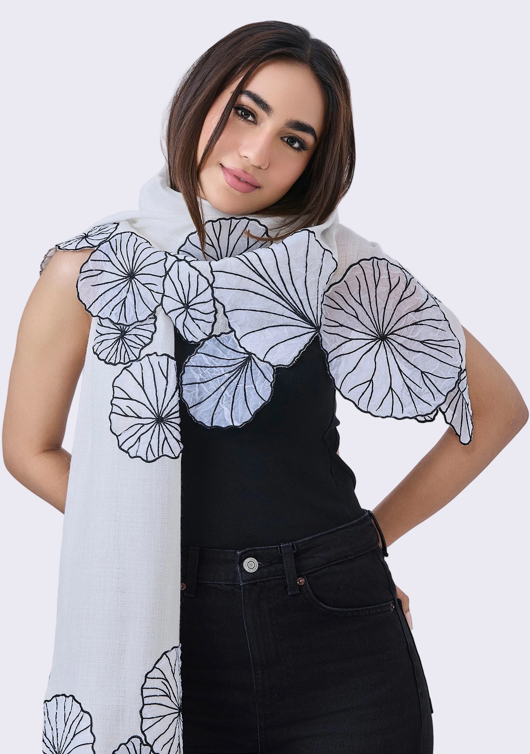 Maneesha Ruia Ivory Cashmere Scarf — cascading white and black lotus leaf appliqués on luxuriously soft cashmere