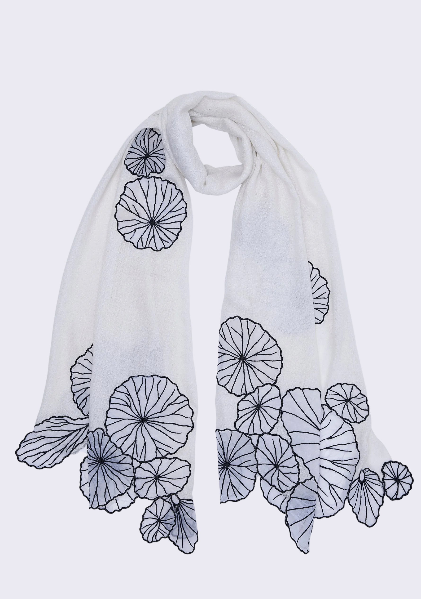 Maneesha Ruia Ivory Cashmere Scarf — cascading white and black lotus leaf appliqués on luxuriously soft cashmere
