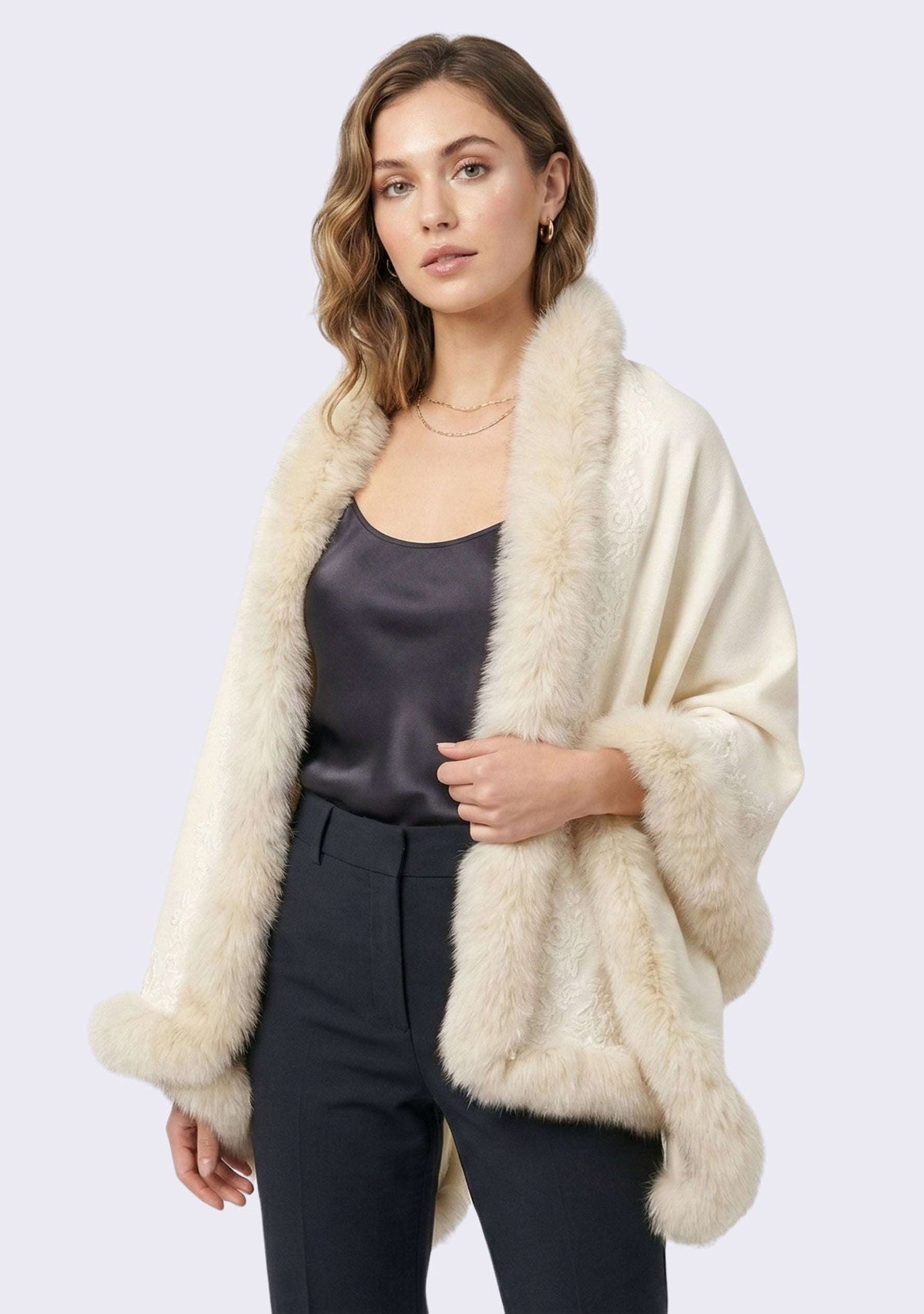 Maneesha Ruia ivory cashmere wrap with ivory fox fur and floral lace, luxury designer stole for women
