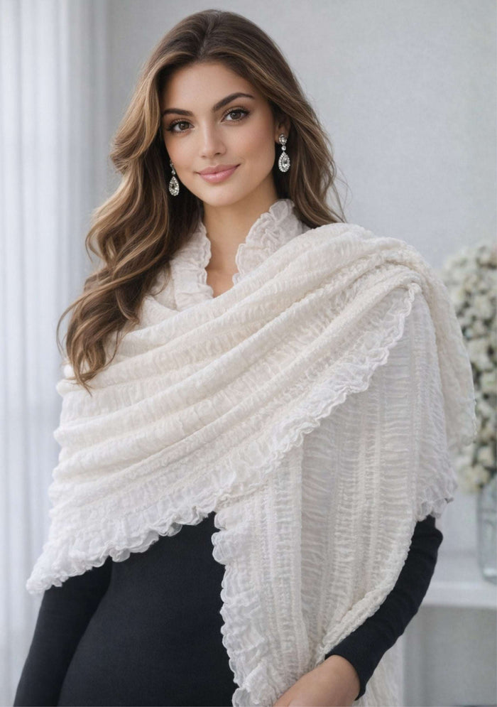 Maneesha Ruia ivory fine wool stretchable crinkle scarf, lightweight luxury designer scarf for women
