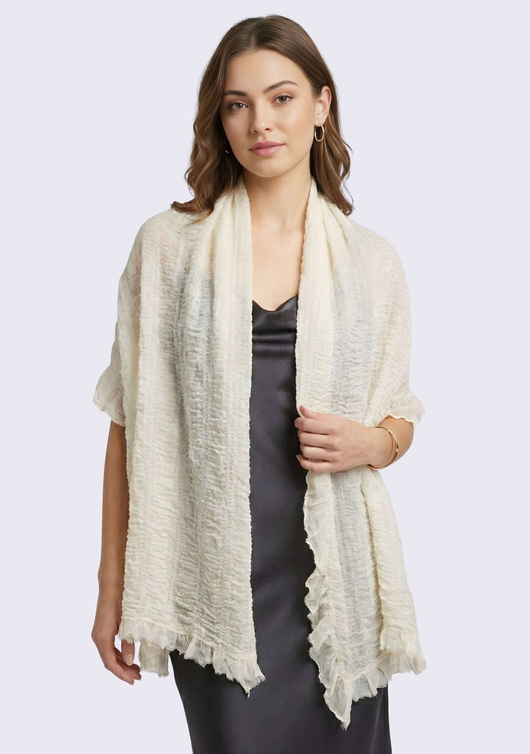 Maneesha Ruia ivory fine wool stretchable crinkle scarf, lightweight luxury designer scarf for women