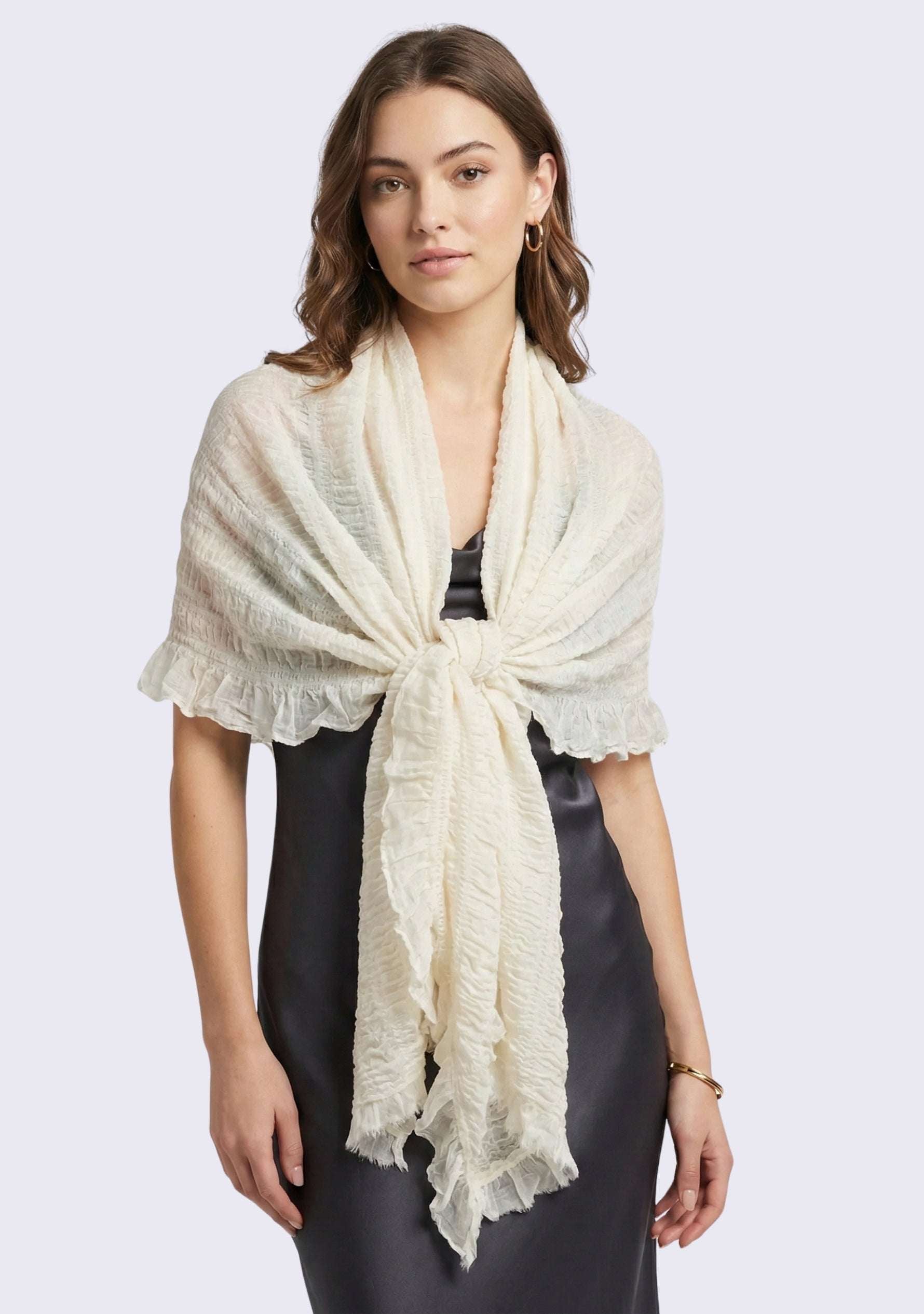 Maneesha Ruia ivory fine wool stretchable crinkle scarf, lightweight luxury designer scarf for women