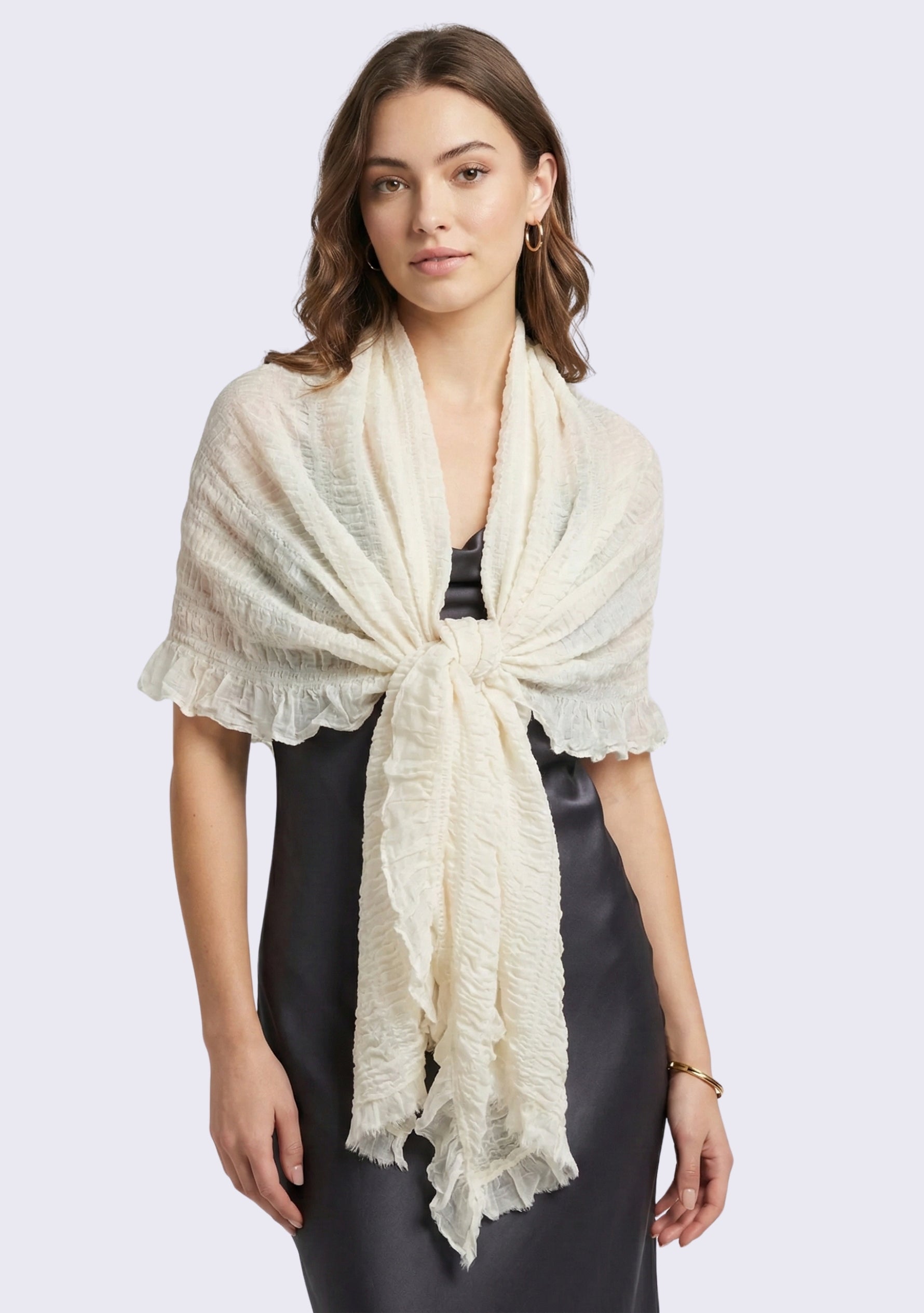 Maneesha Ruia ivory fine wool stretchable crinkle scarf, lightweight luxury designer scarf for women