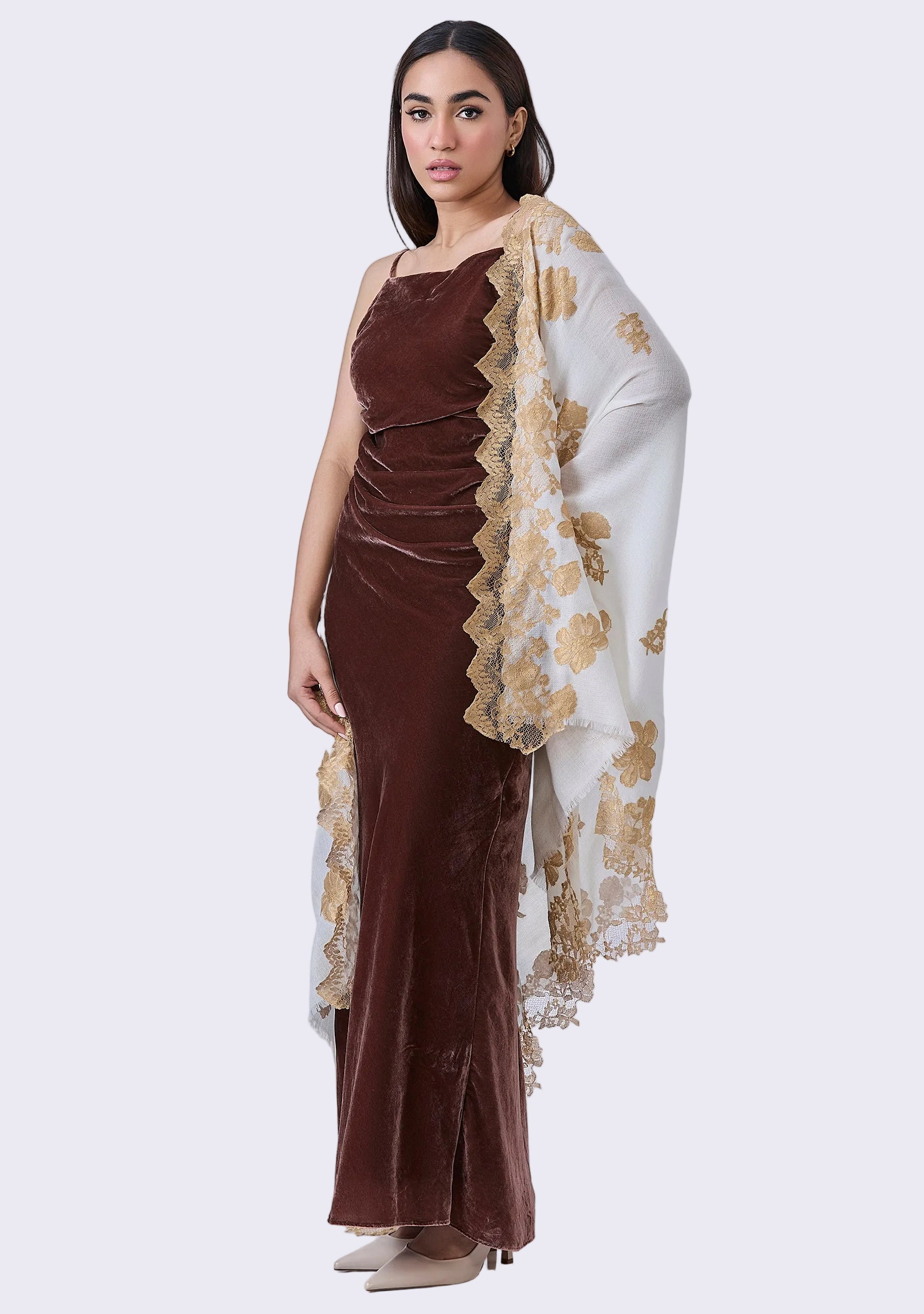 Maneesha Ruia Ivory Cashmere Scarf — hand-cut gold Chantilly lace floral borders and motifs on soft cashmere