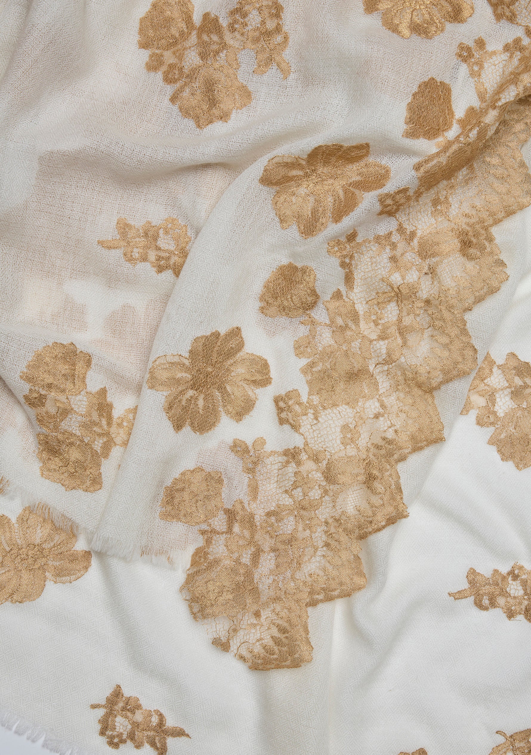 Maneesha Ruia Ivory Cashmere Scarf — hand-cut gold Chantilly lace floral borders and motifs on soft cashmere