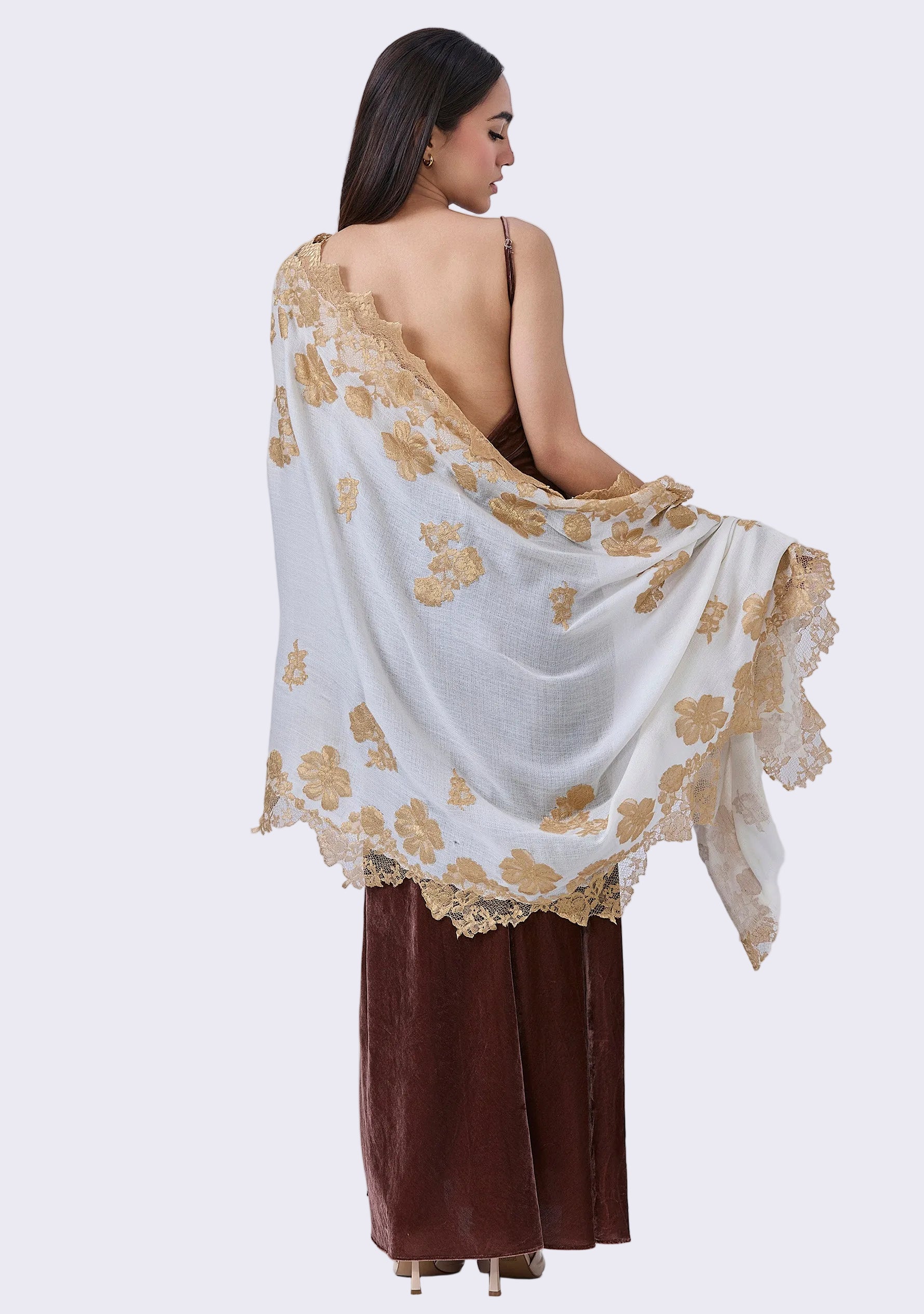 Maneesha Ruia Ivory Cashmere Scarf — hand-cut gold Chantilly lace floral borders and motifs on soft cashmere