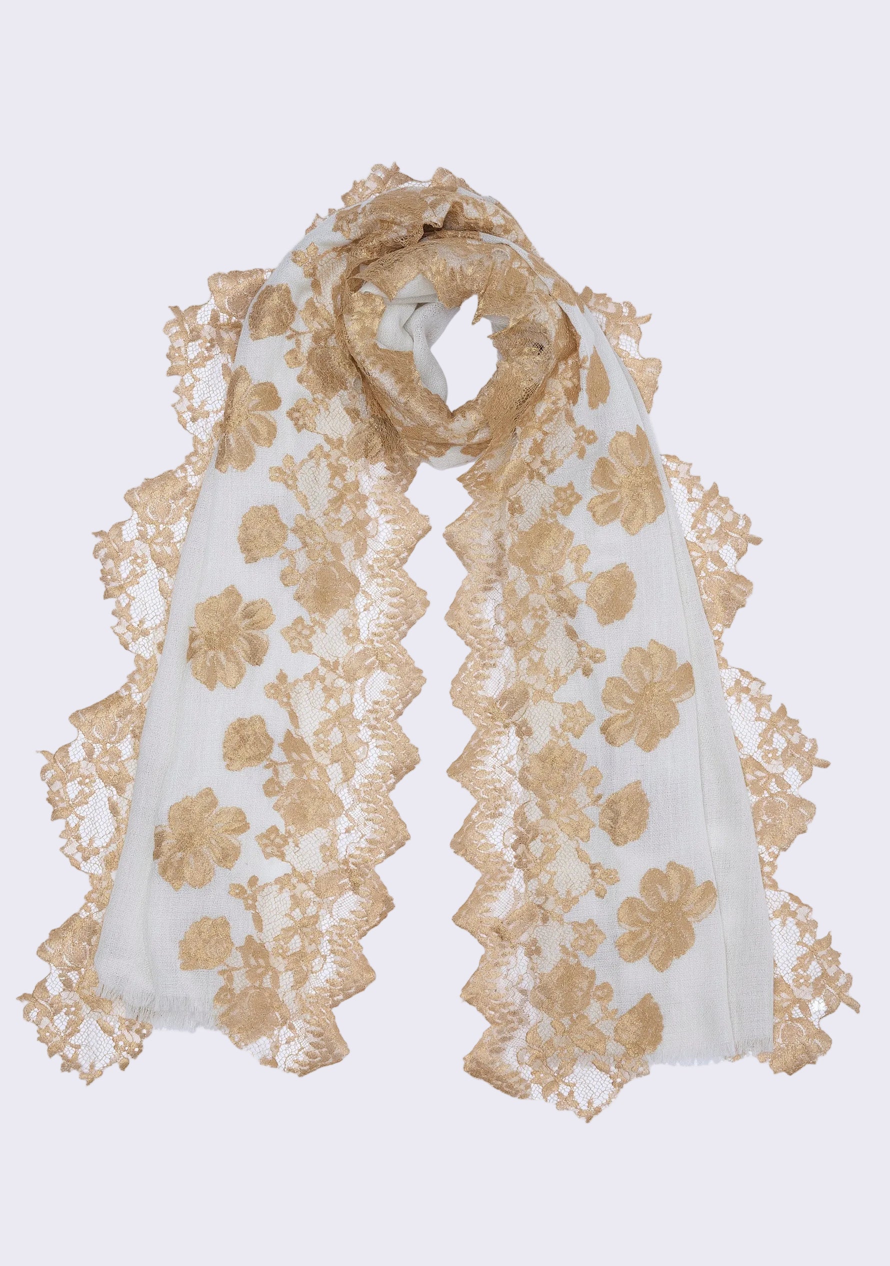 Maneesha Ruia Ivory Cashmere Scarf — hand-cut gold Chantilly lace floral borders and motifs on soft cashmere
