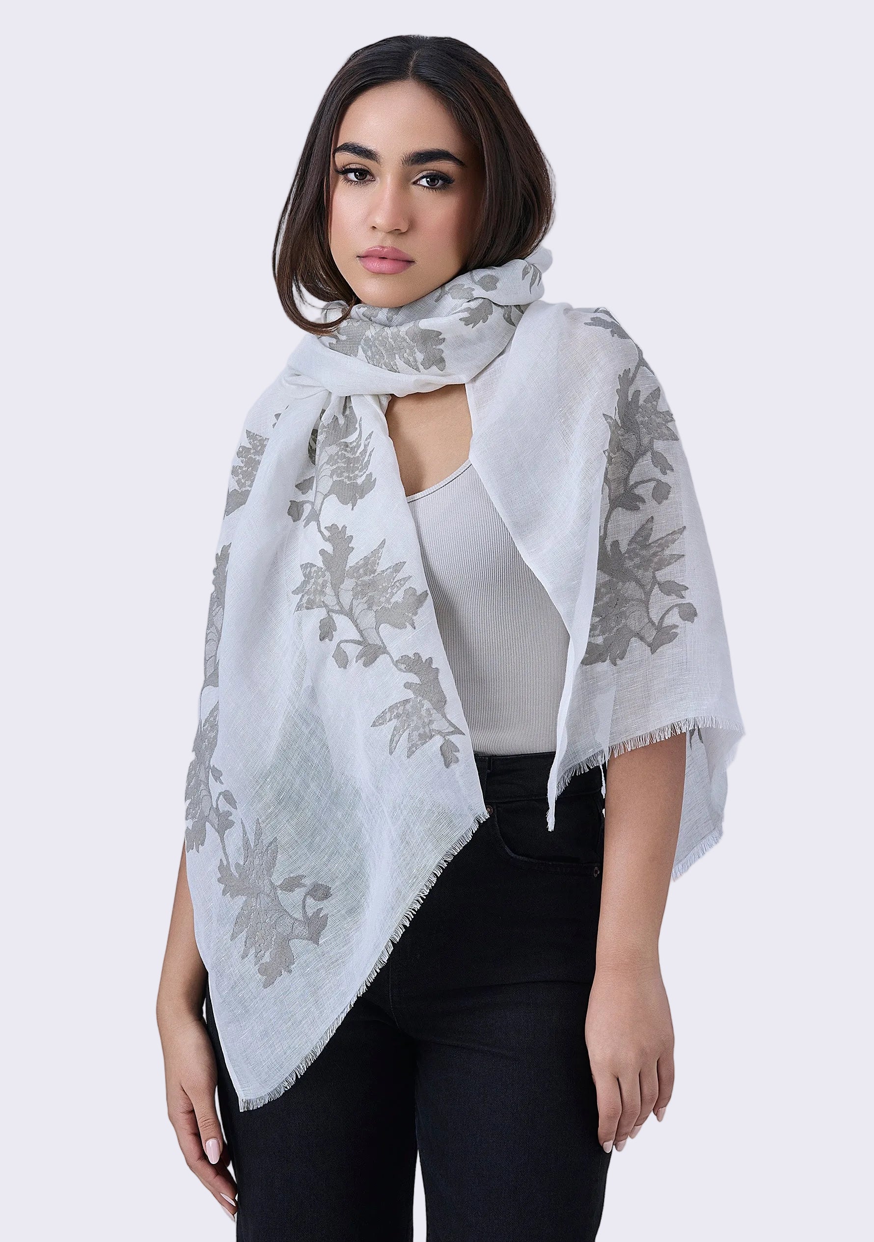 Maneesha Ruia Ivory Linen Modal Scarf — mousse floral lace appliqué on a soft, breathable linen-modal blend
