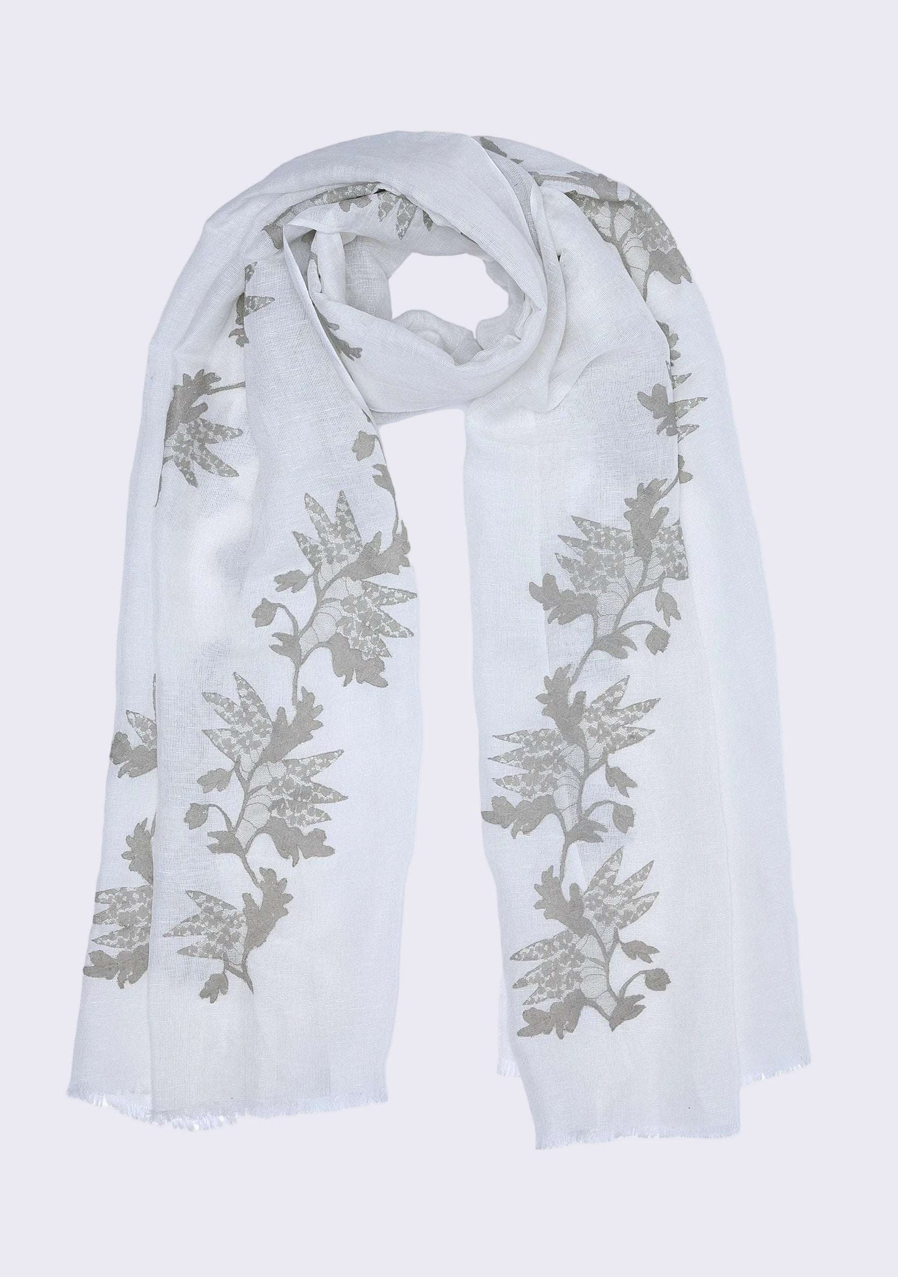 Maneesha Ruia Ivory Linen Modal Scarf — mousse floral lace appliqué on a soft, breathable linen-modal blend