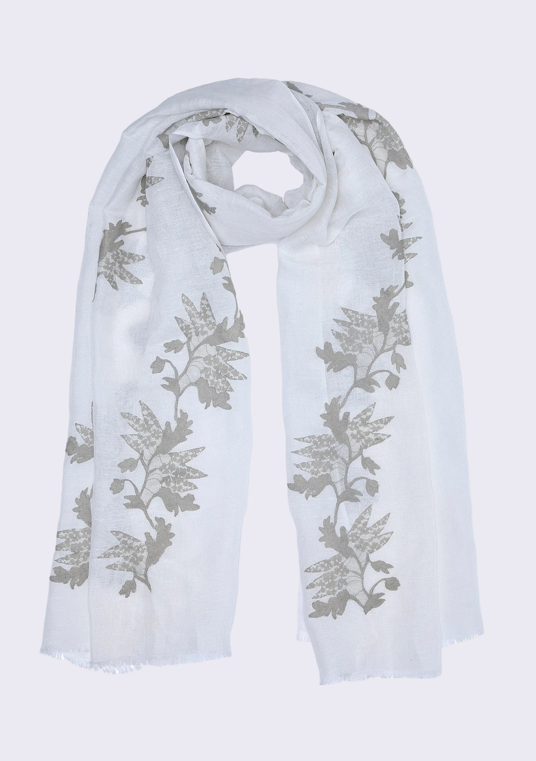 Maneesha Ruia Ivory Linen Modal Scarf — mousse floral lace appliqué on a soft, breathable linen-modal blend