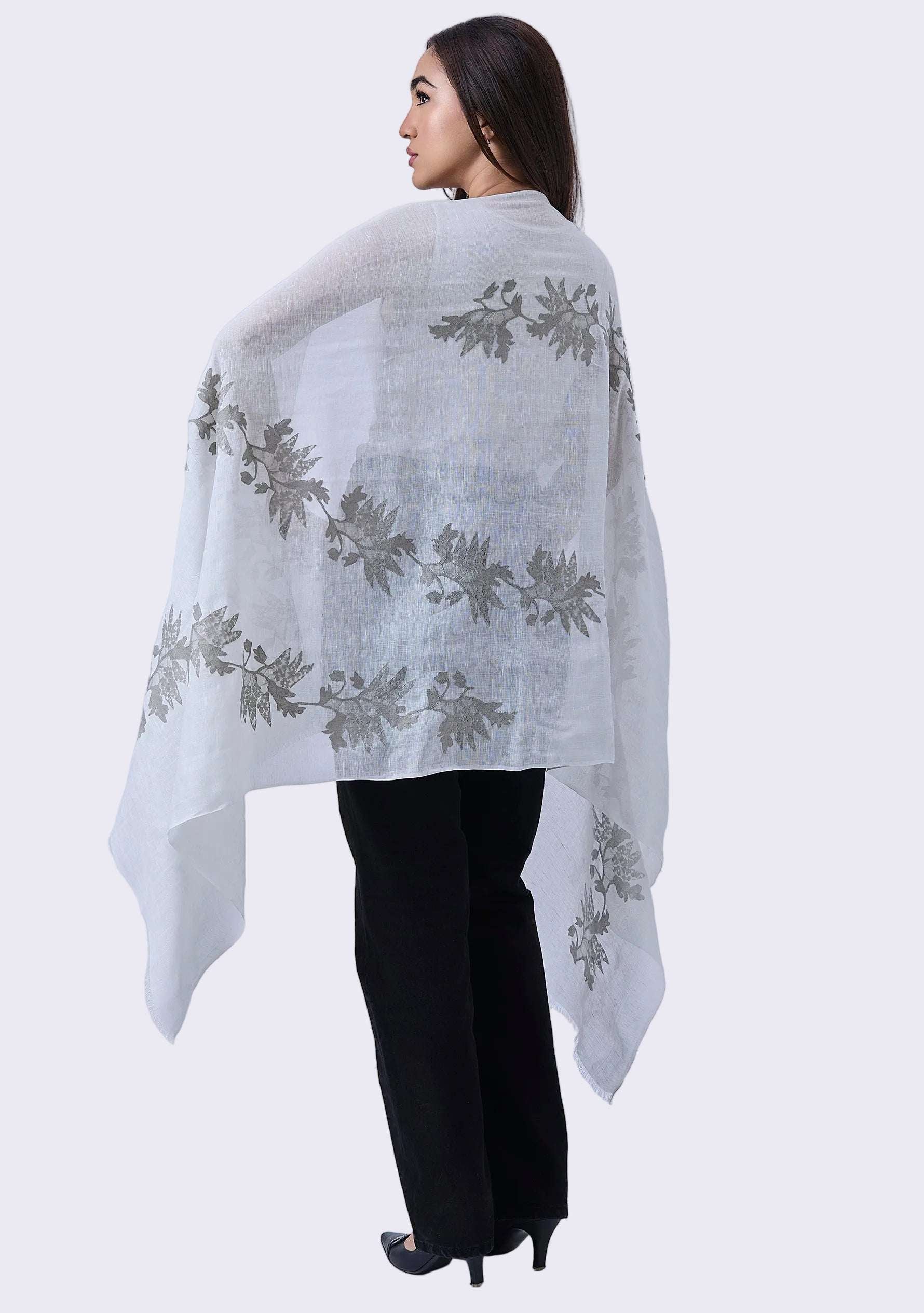 Maneesha Ruia Ivory Linen Modal Scarf — mousse floral lace appliqué on a soft, breathable linen-modal blend
