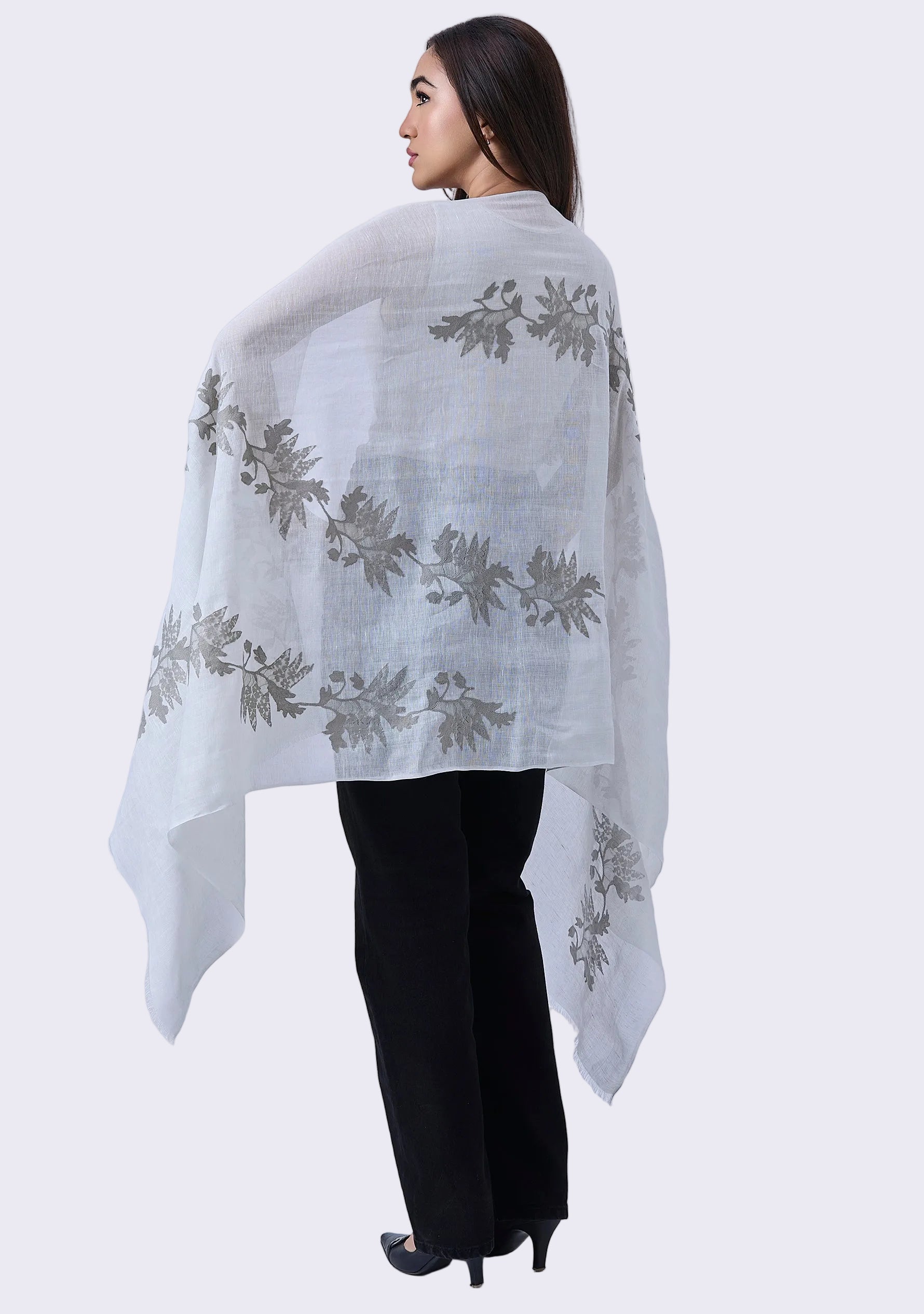 Maneesha Ruia Ivory Linen Modal Scarf — mousse floral lace appliqué on a soft, breathable linen-modal blend