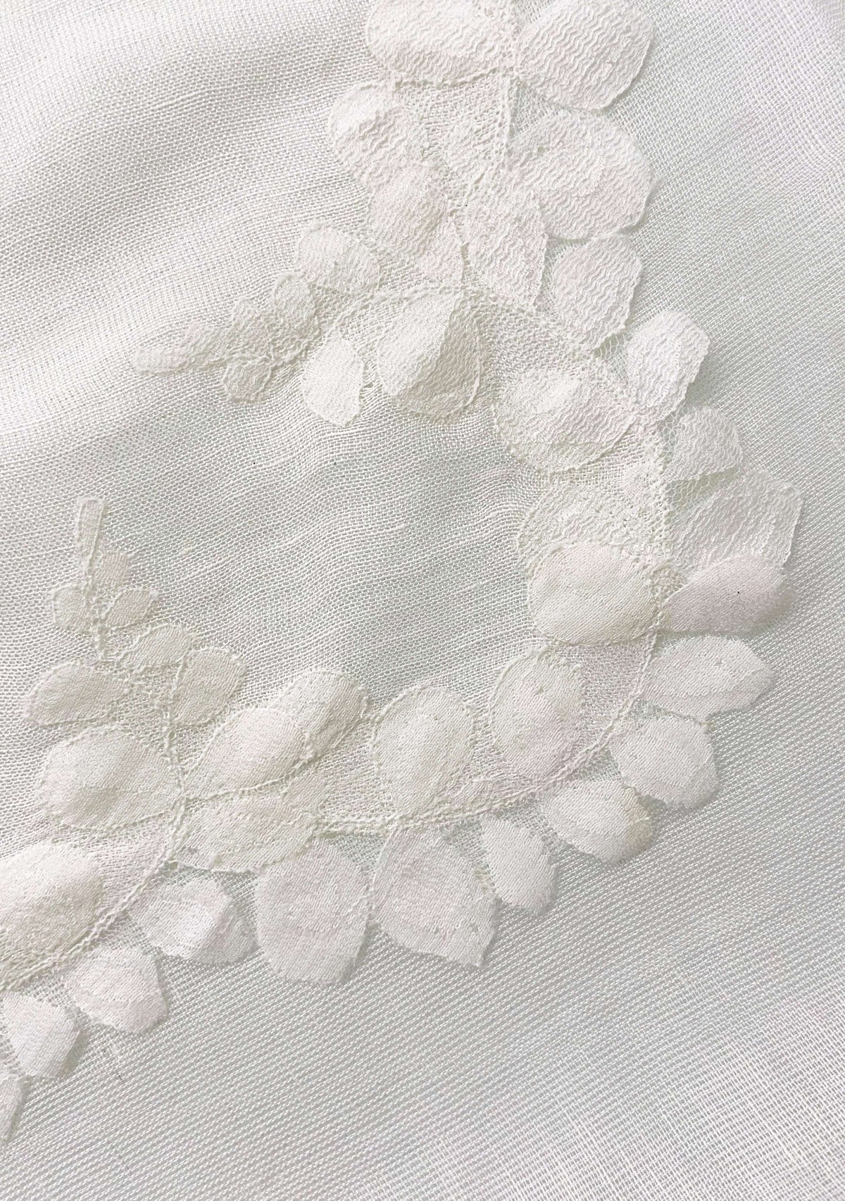 Maneesha Ruia ivory wool and silk scarf with tonal floral lace border, luxury designer scarf close-up detail
