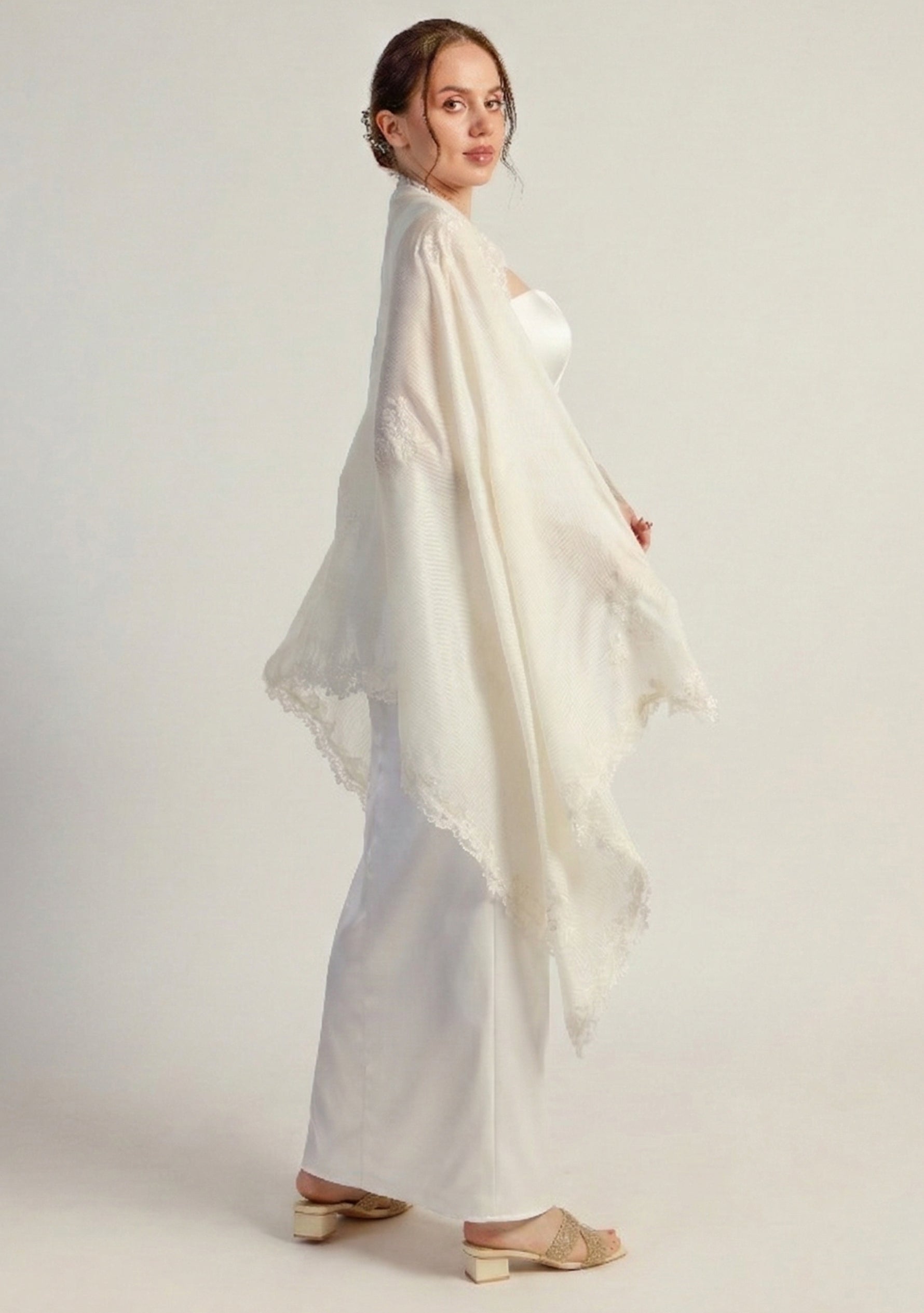Maneesha Ruia ivory modal bridal scarf with ivory lace, luxury lightweight wedding scarf for brides