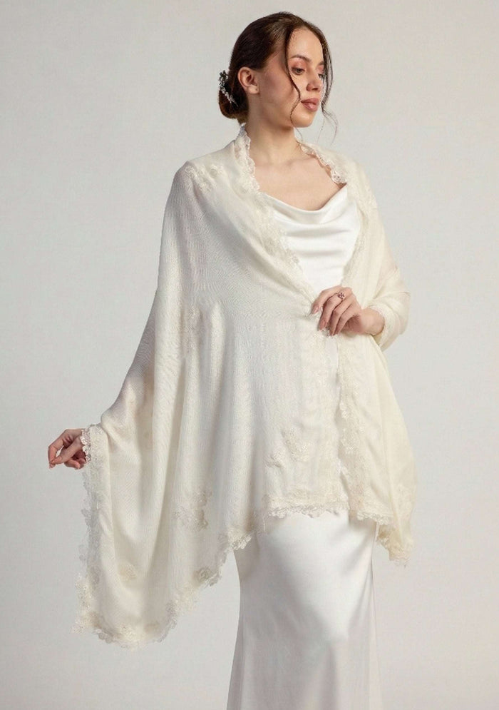 Maneesha Ruia ivory modal bridal scarf with ivory lace, luxury lightweight wedding scarf for brides