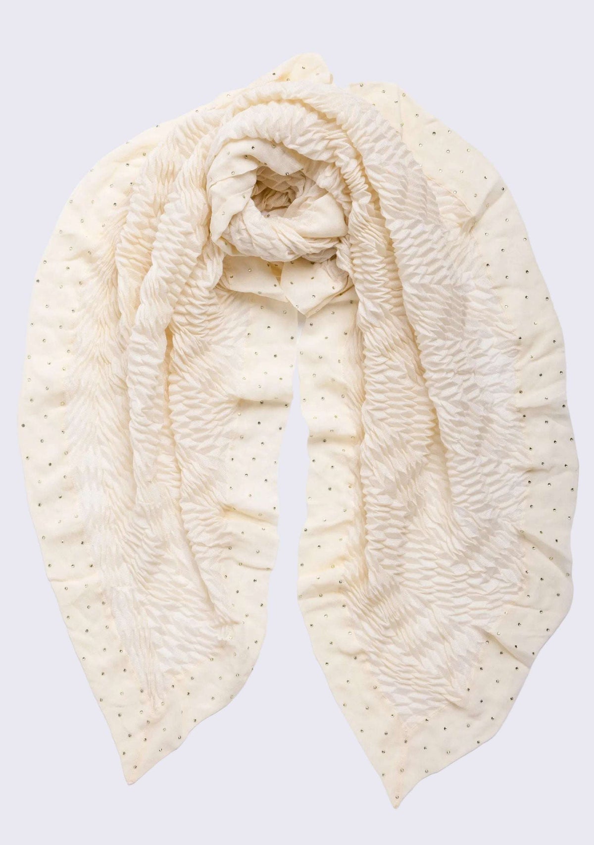 Ivory Pleated Wool & Silk Scarf Ivory Georgette & Crystal Border