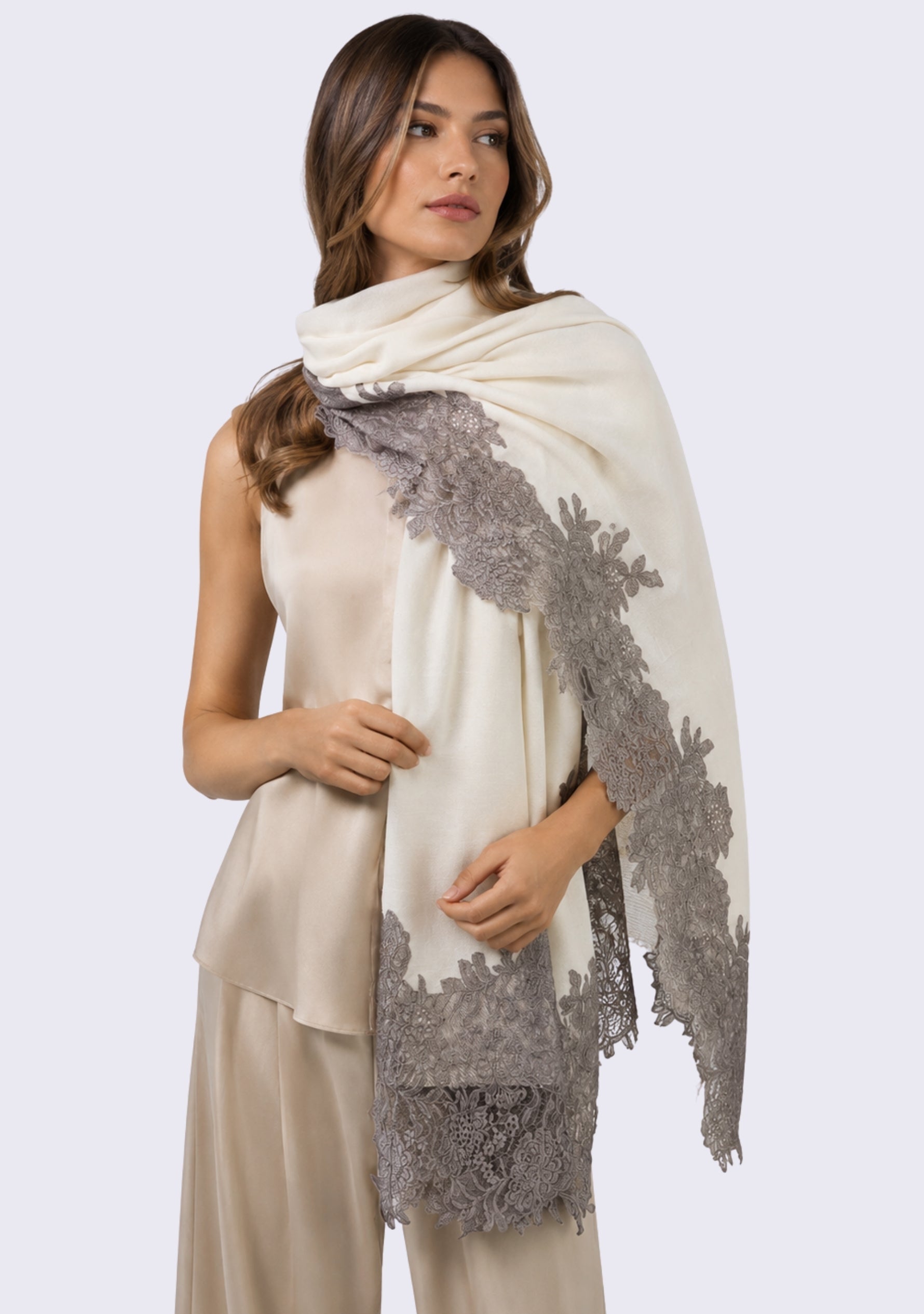 Ivory wool and silk scarf with Antique Silver floral lace border