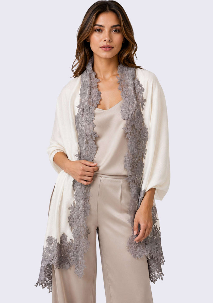 Ivory wool and silk scarf with Antique Silver floral lace border