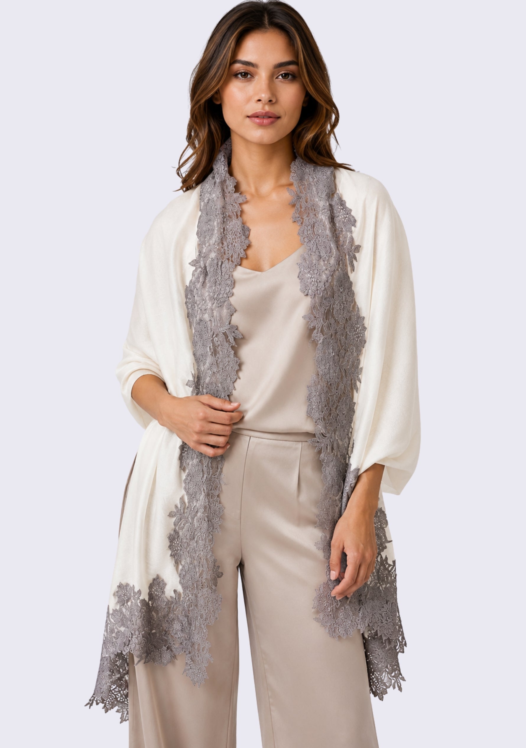 Ivory wool and silk scarf with Antique Silver floral lace border