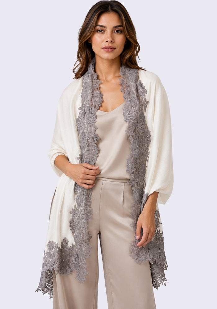 Ivory wool and silk scarf with Antique Silver floral lace border
