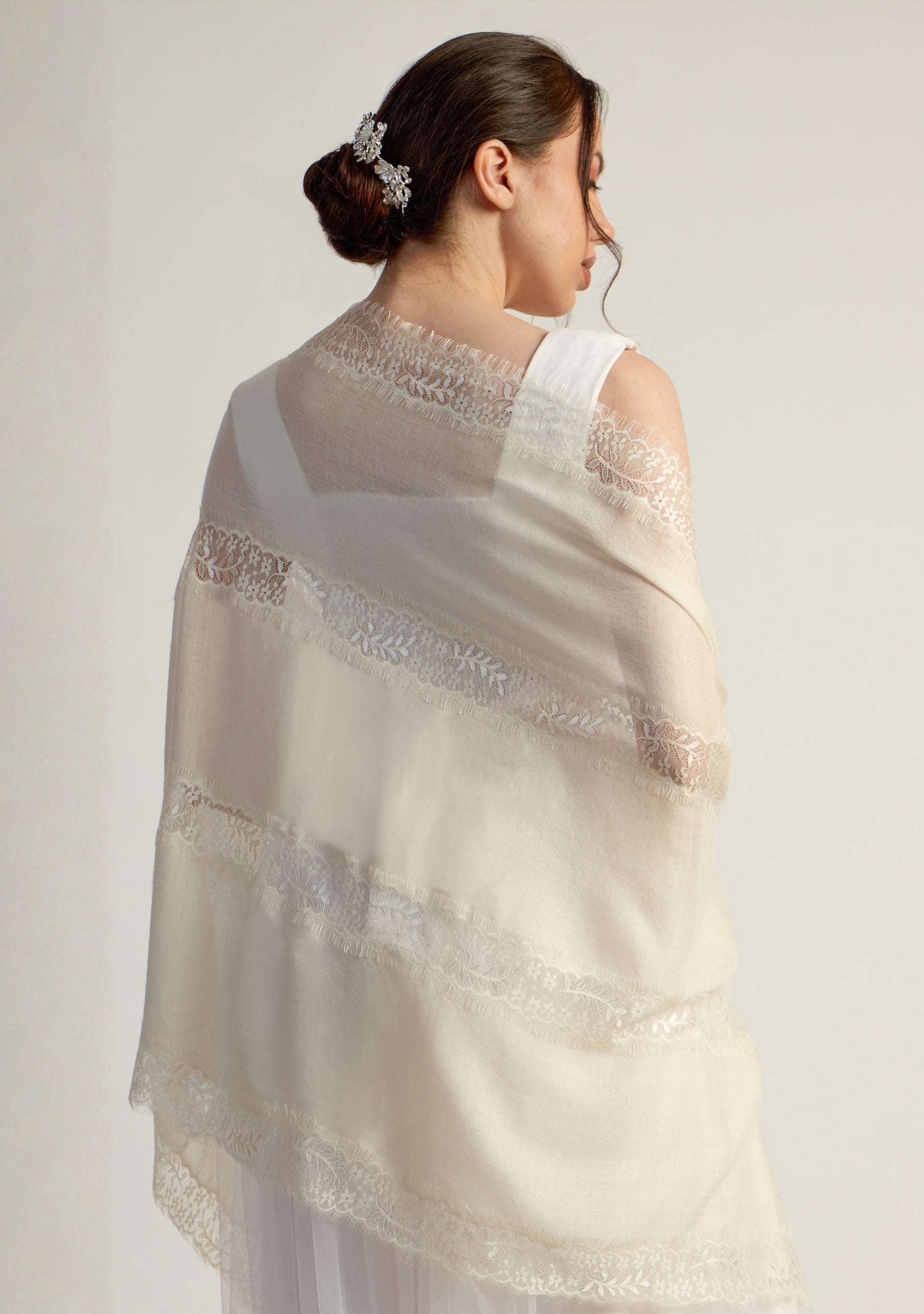 Maneesha Ruia ivory wool and silk bridal scarf with ivory filigree lace, luxury wedding scarf for brides