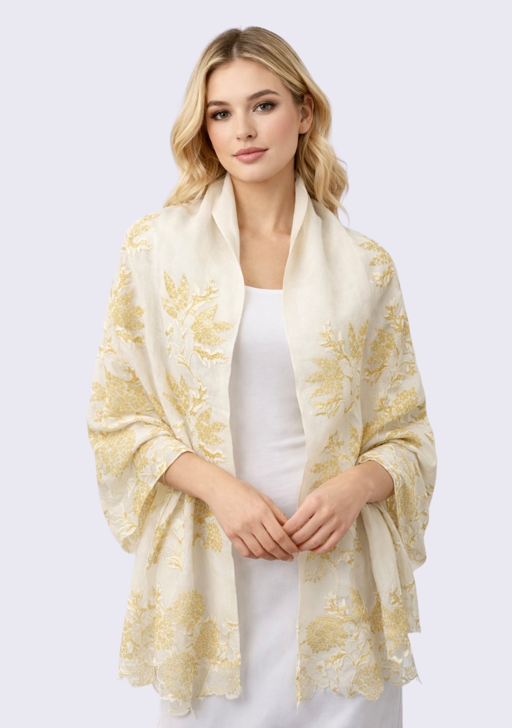 Maneesha Ruia ivory wool and silk scarf with gold lace, luxury designer scarf for women