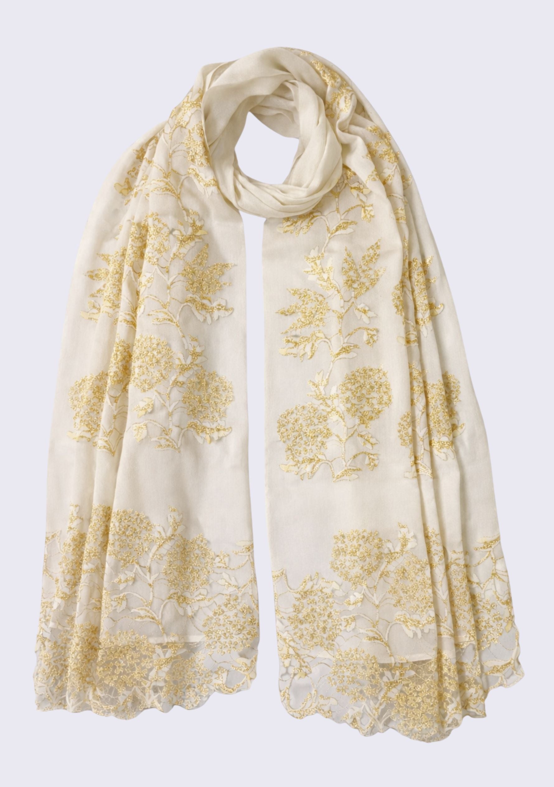 Maneesha Ruia ivory wool and silk scarf with gold lace, luxury designer scarf for women