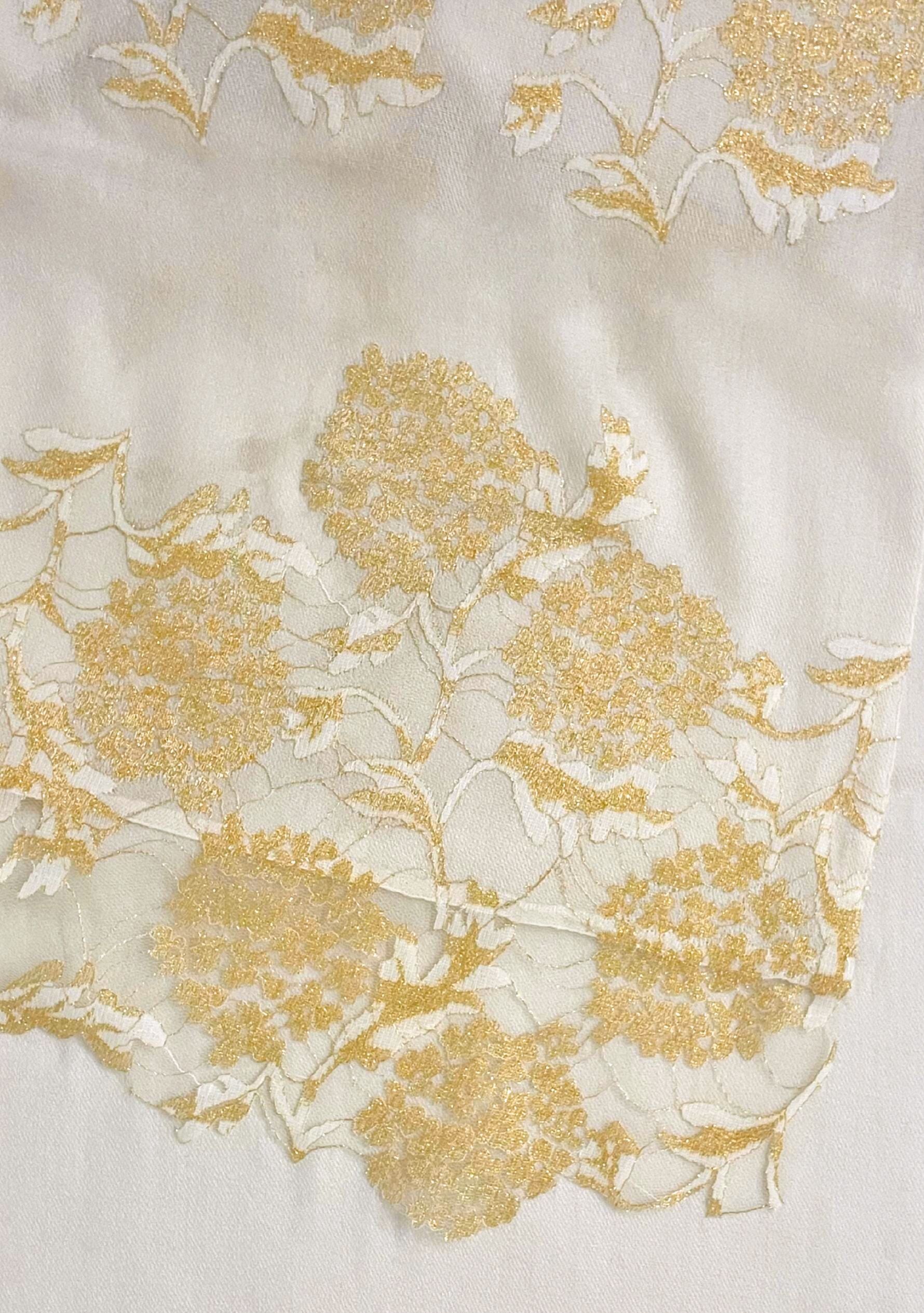 Maneesha Ruia ivory wool and silk scarf with gold lace, luxury designer scarf for women