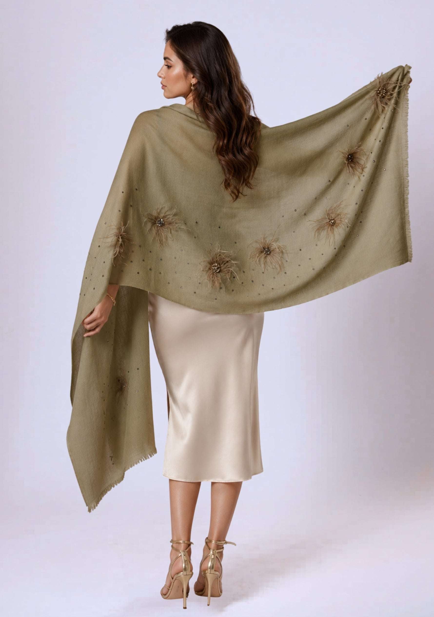 Maneesha Ruia Khaki Cashmere Scarf — ostrich feather flowers, metallic embroidery, and Swarovski crystals