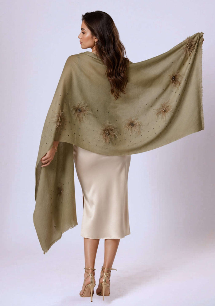 Maneesha Ruia Khaki Cashmere Scarf — ostrich feather flowers, metallic embroidery, and Swarovski crystals