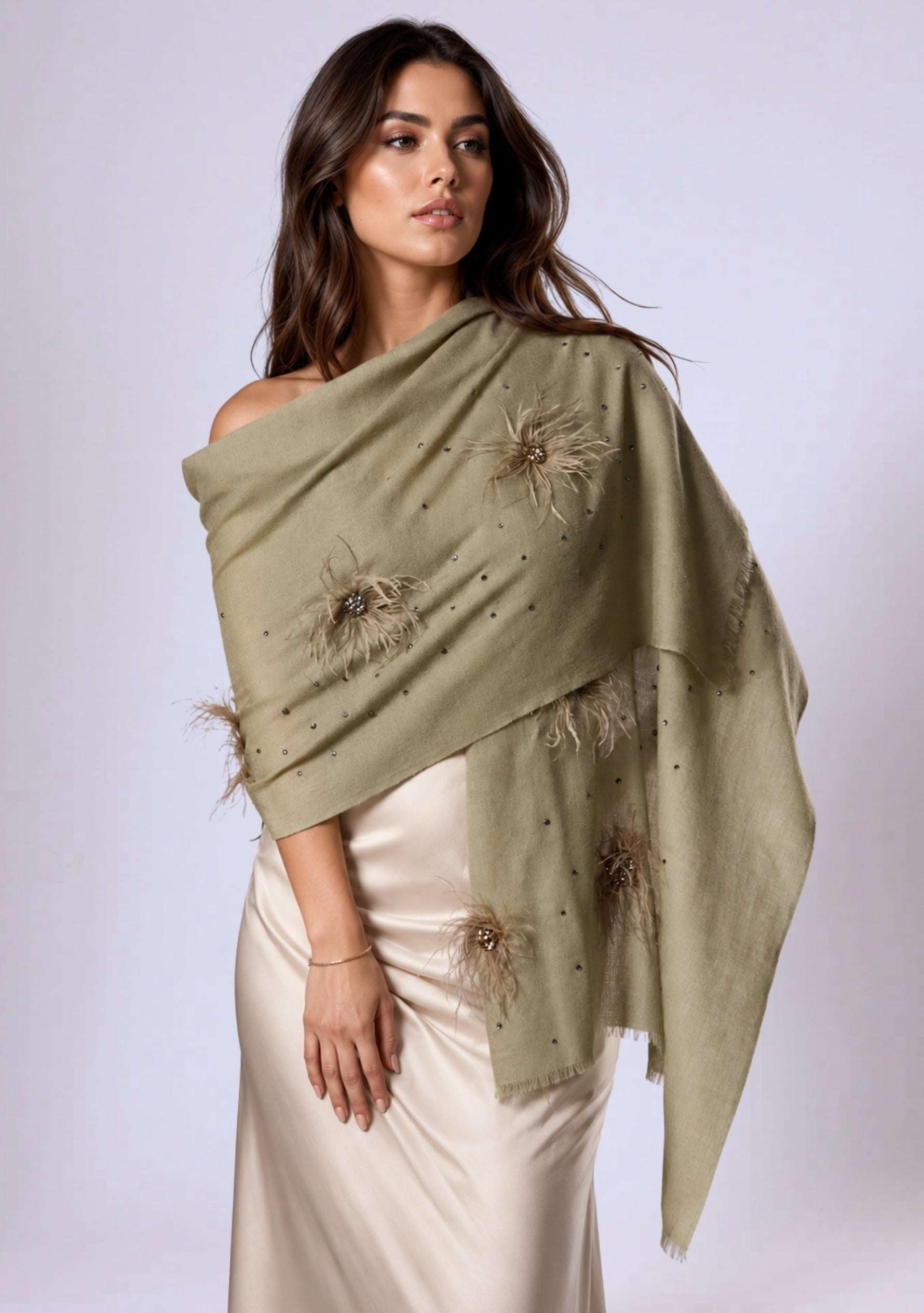 Maneesha Ruia Khaki Cashmere Scarf — ostrich feather flowers with metallic beads and Swarovski crystals