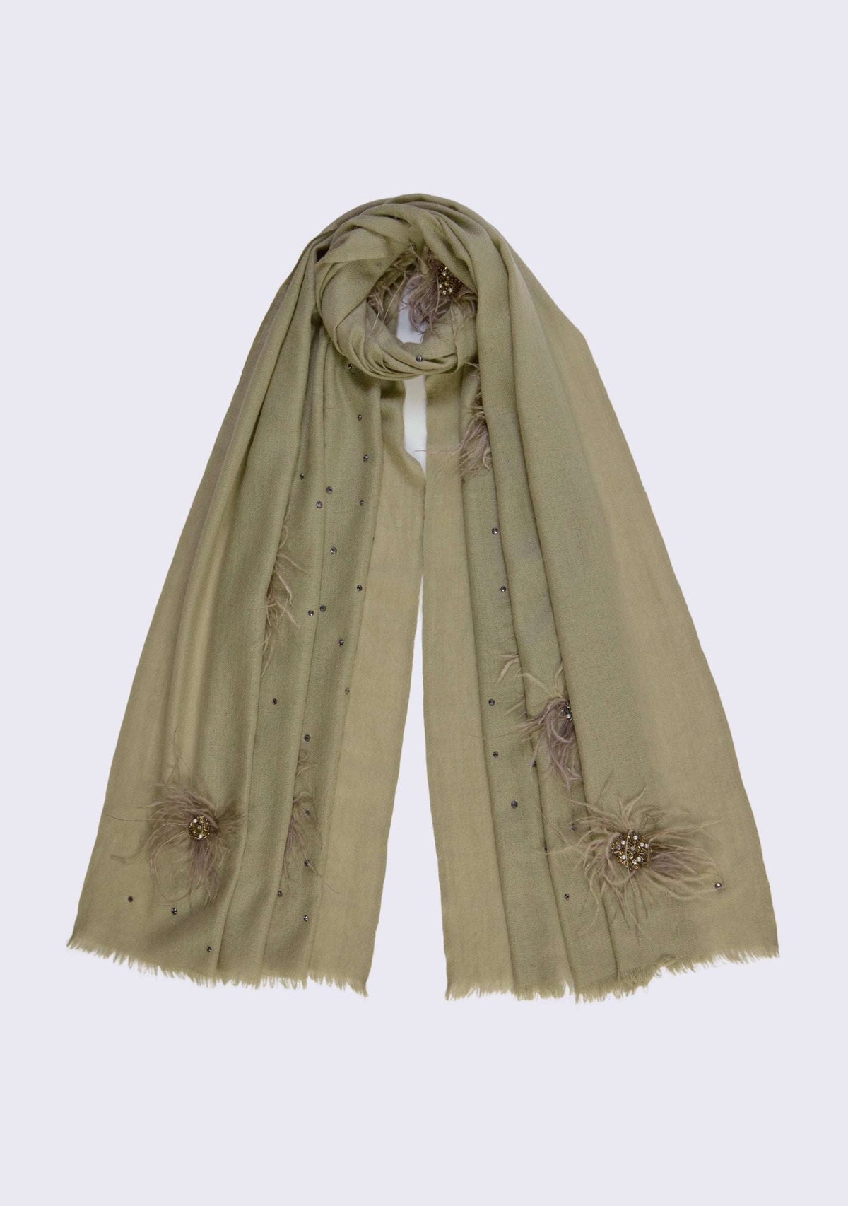 Maneesha Ruia Khaki Cashmere Scarf — ostrich feather flowers, metallic embroidery, and Swarovski crystals