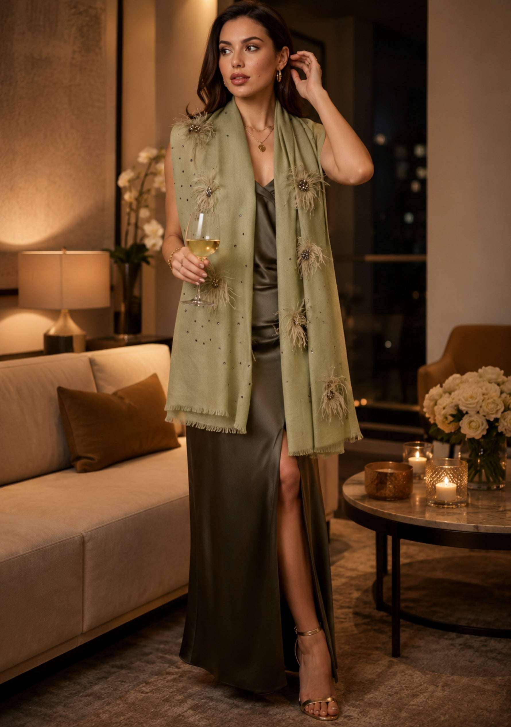 Maneesha Ruia Khaki Cashmere Scarf — ostrich feather flowers with metallic beads and Swarovski crystals