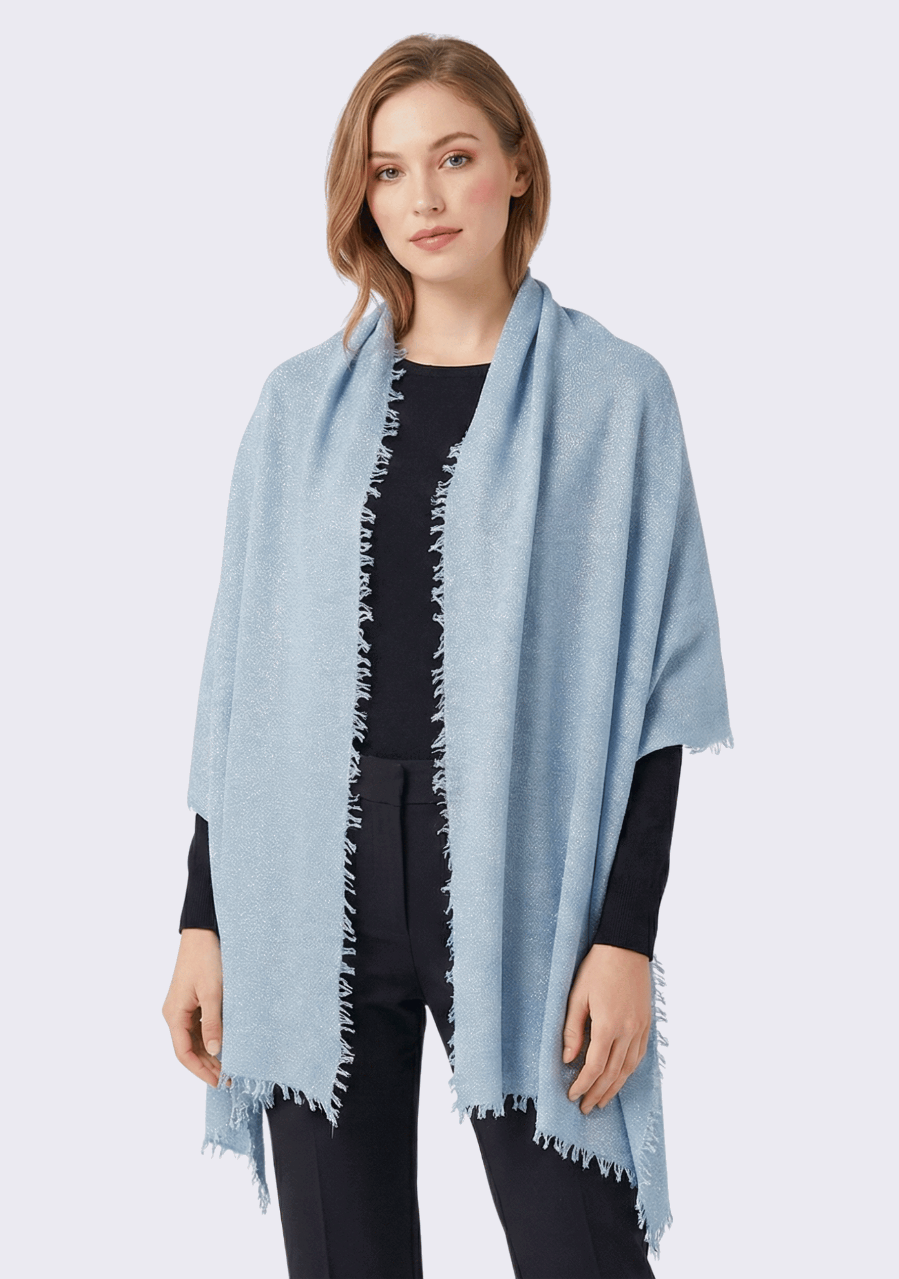 Maneesha Ruia light blue knitted fine wool cashmere wrap with silver lurex, luxury designer wrap for women