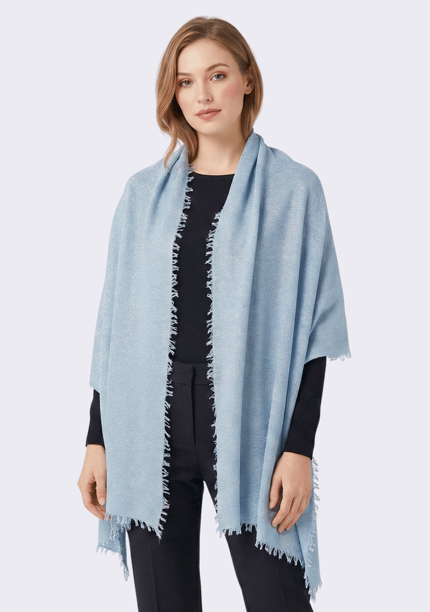 Maneesha Ruia light blue knitted fine wool cashmere wrap with silver lurex, luxury designer wrap for women