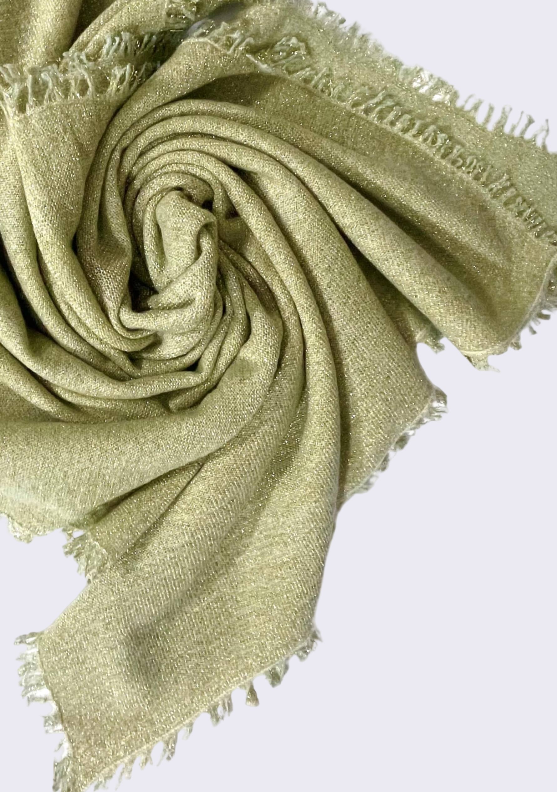 Maneesha Ruia light pistachio knitted fine wool cashmere wrap with gold lurex, luxury designer winter wrap