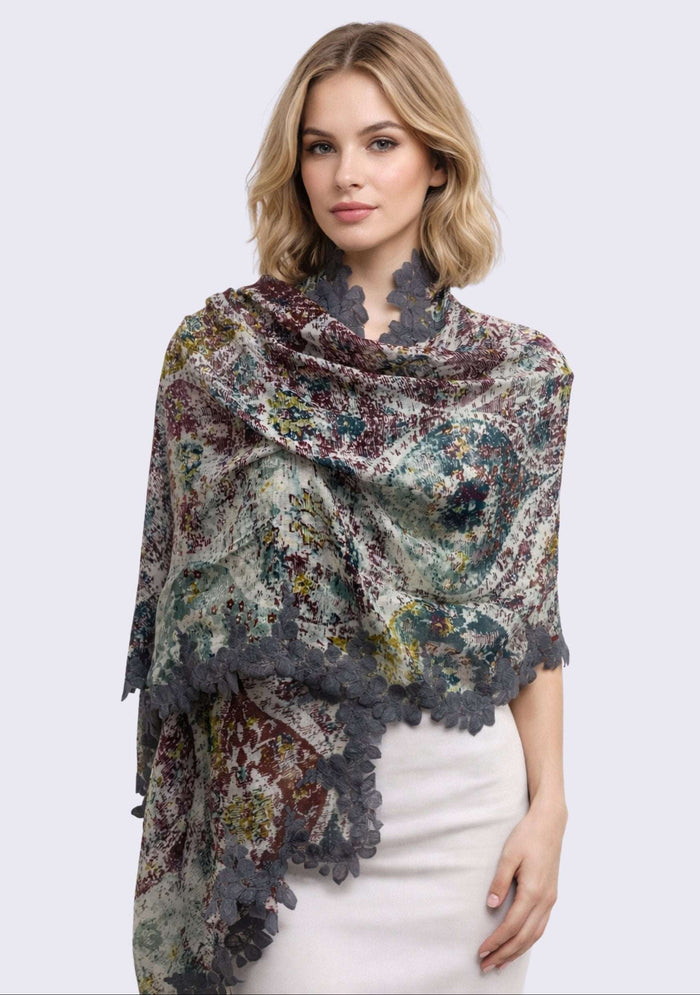 Maneesha Ruia Marrakesh print modal silk scarf with charcoal lace, luxury lightweight designer scarf for women