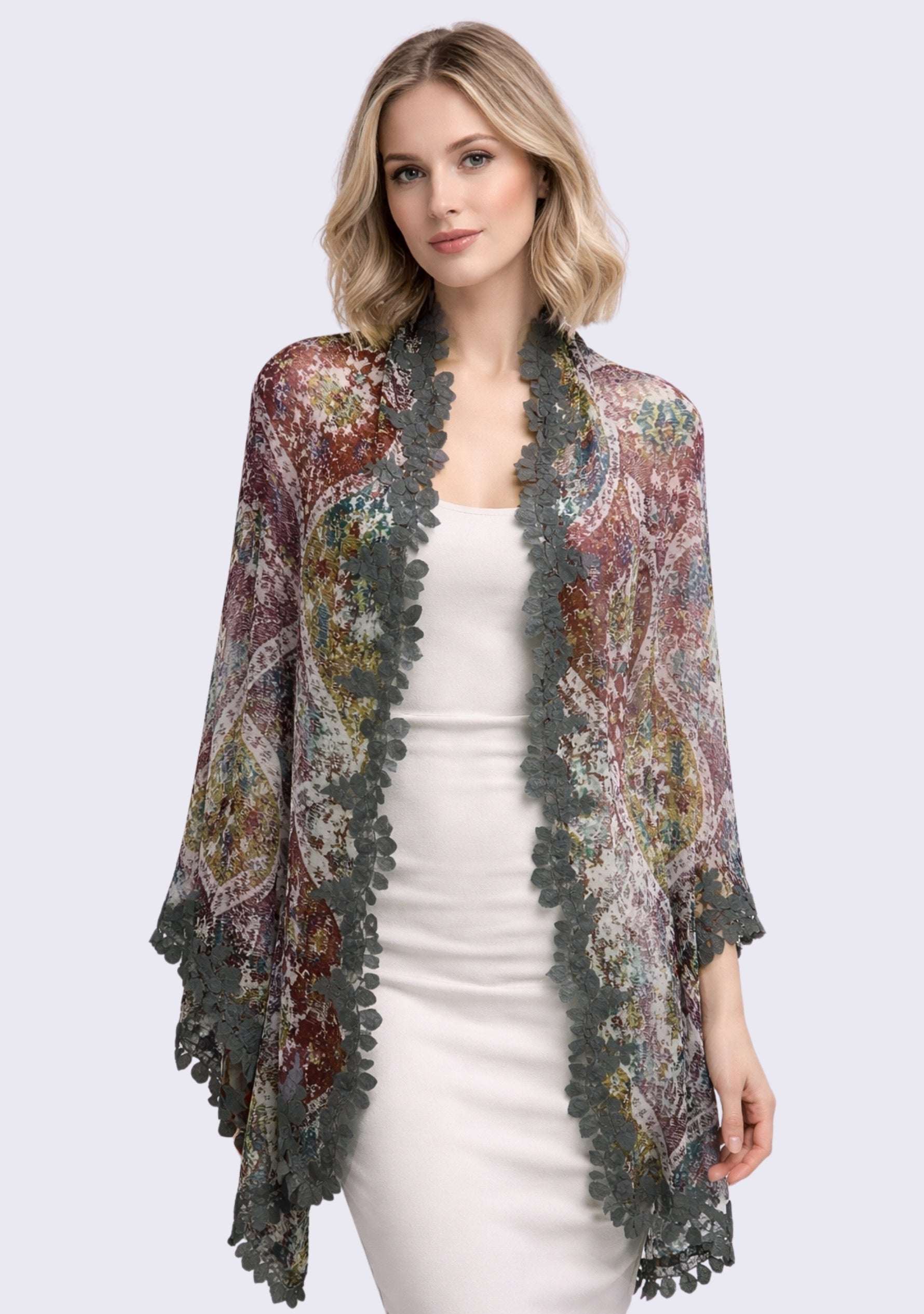 Maneesha Ruia Marrakesh print modal silk scarf with charcoal lace, luxury lightweight designer scarf for women