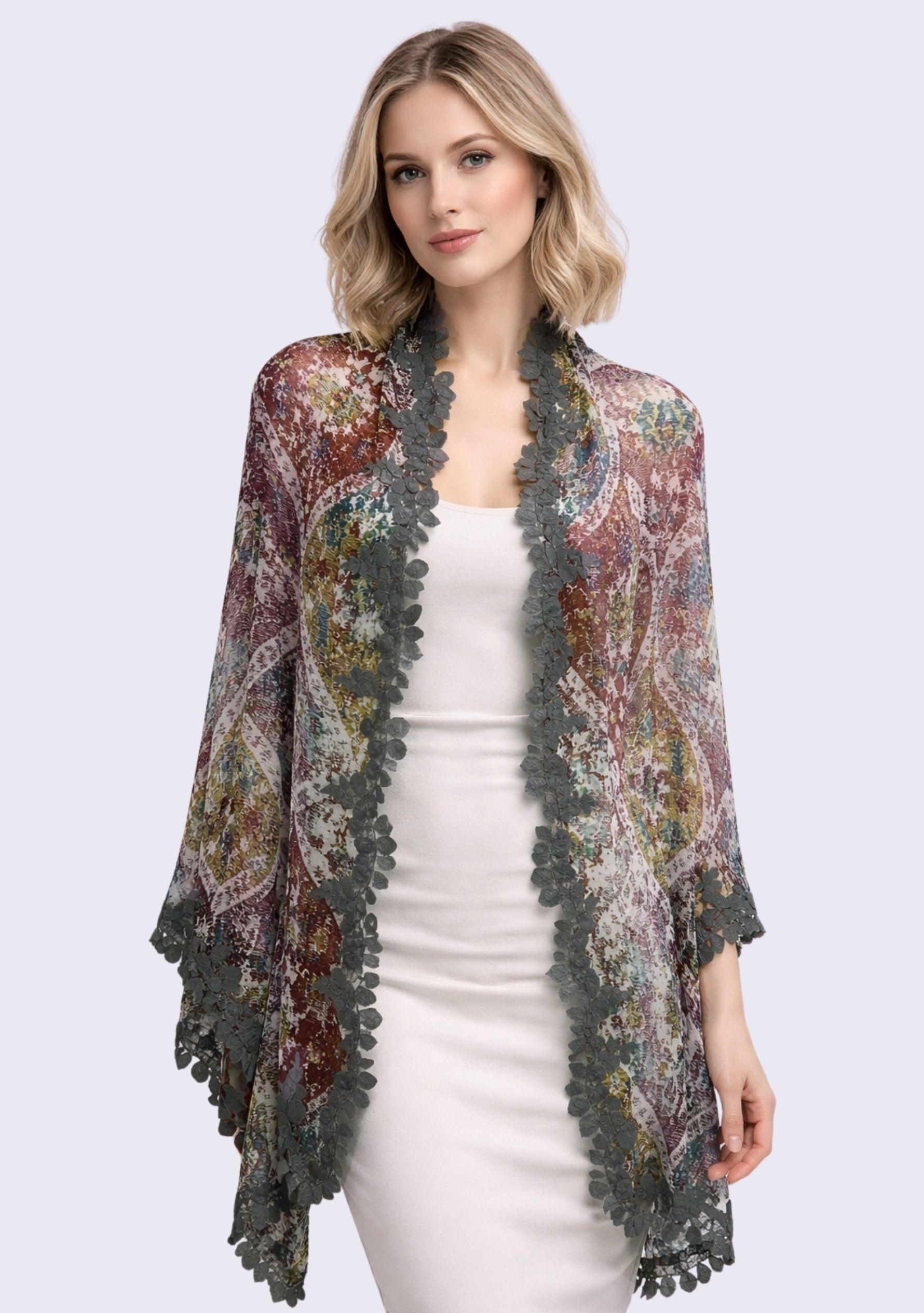 Maneesha Ruia Marrakesh print modal silk scarf with charcoal lace, luxury lightweight designer scarf for women