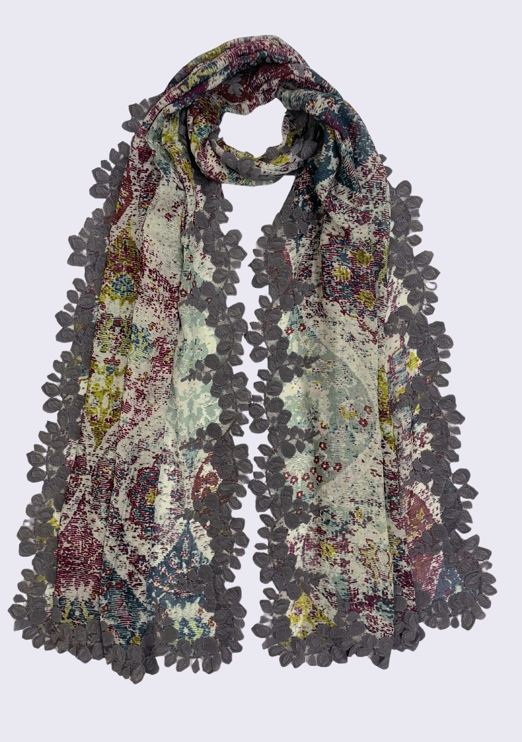 Maneesha Ruia Marrakesh print modal silk scarf with charcoal lace, luxury lightweight designer scarf for women
