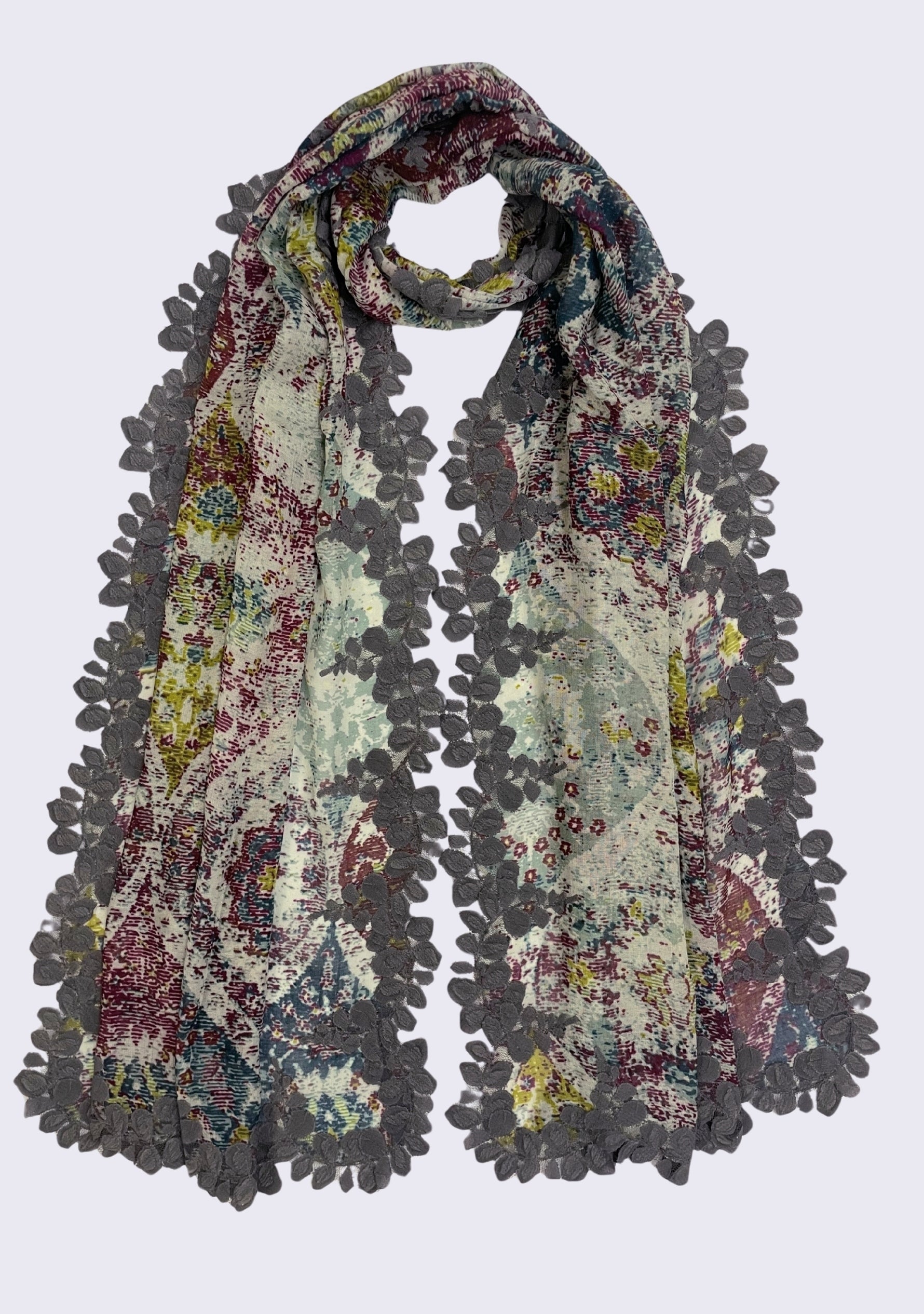 Maneesha Ruia Marrakesh print modal silk scarf with charcoal lace, luxury lightweight designer scarf for women