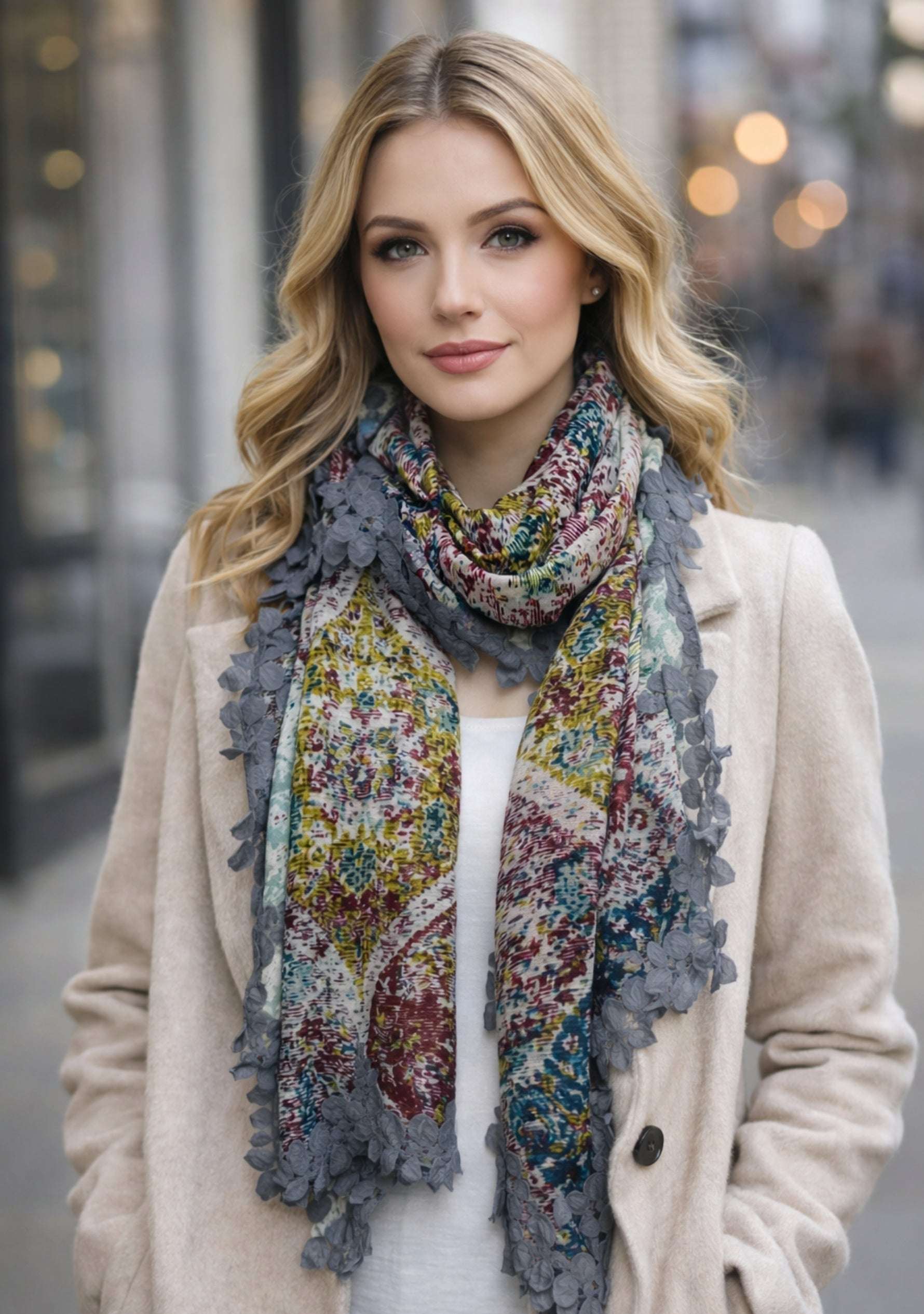 Maneesha Ruia Marrakesh print modal silk scarf with charcoal lace, luxury lightweight designer scarf for women