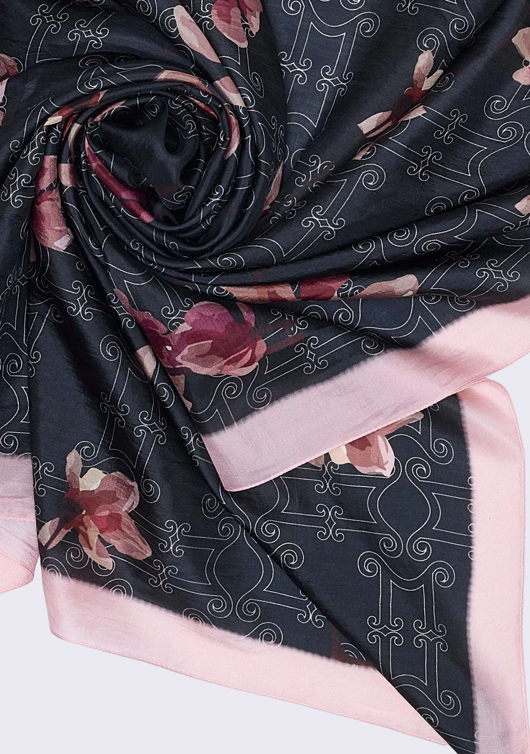 Maneesha Ruia Monogram Orchid Silk Scarf — orchid-inspired monogram print with signature pink border in silk twill