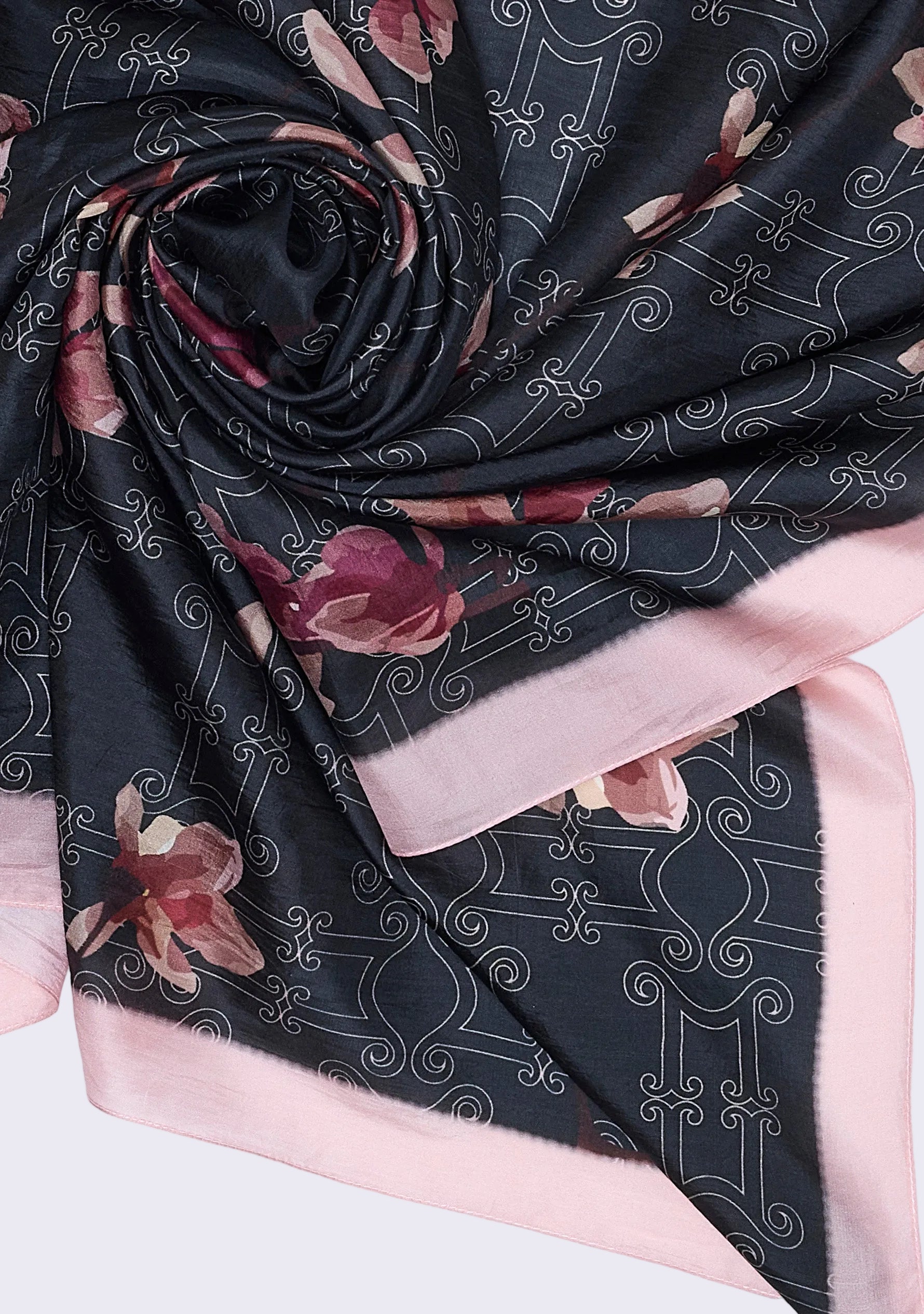 Maneesha Ruia Monogram Orchid Silk Scarf — orchid-inspired monogram print with signature pink border in silk twill