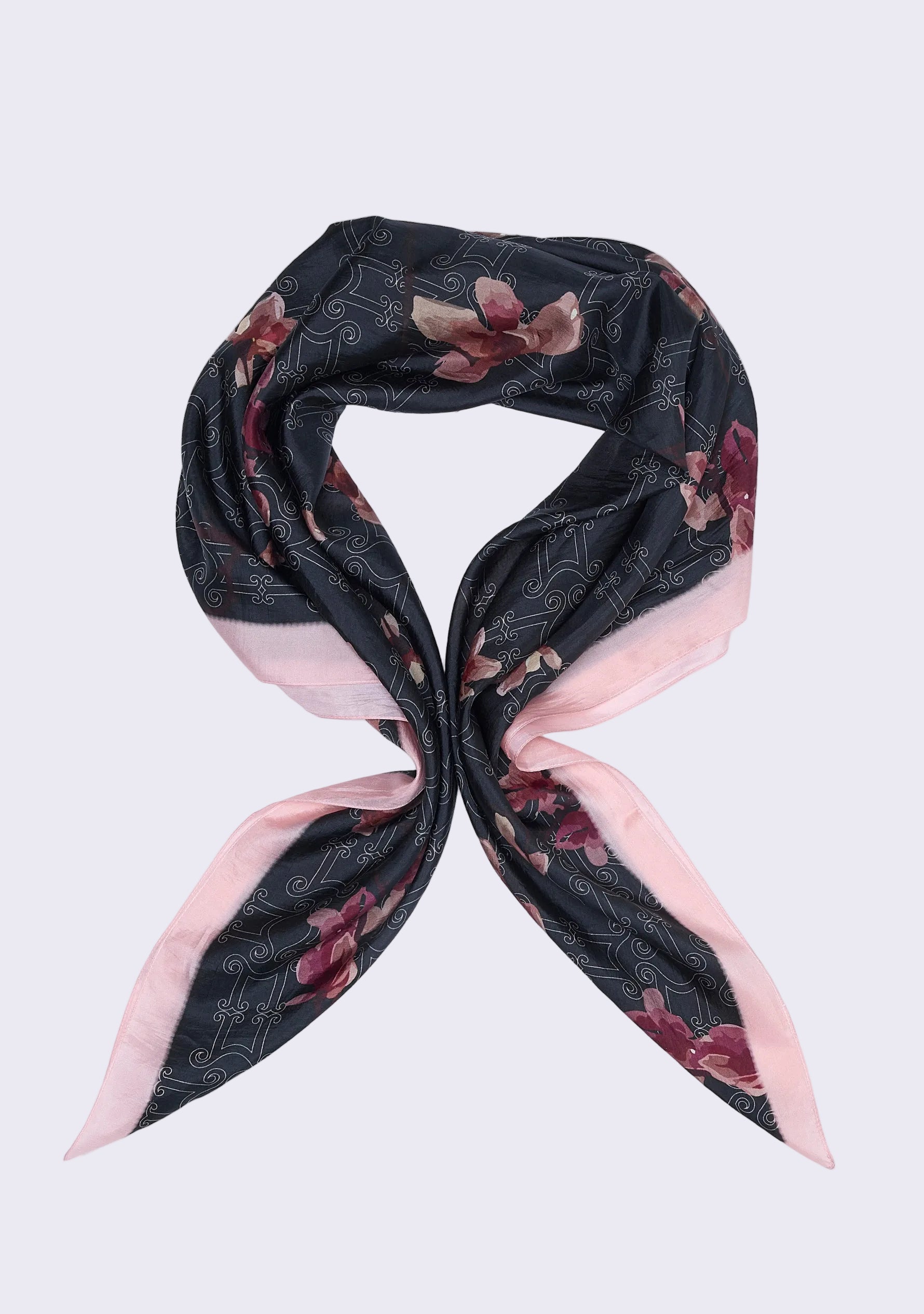 Maneesha Ruia Monogram Orchid Silk Scarf — orchid-inspired monogram print with signature pink border in silk twill