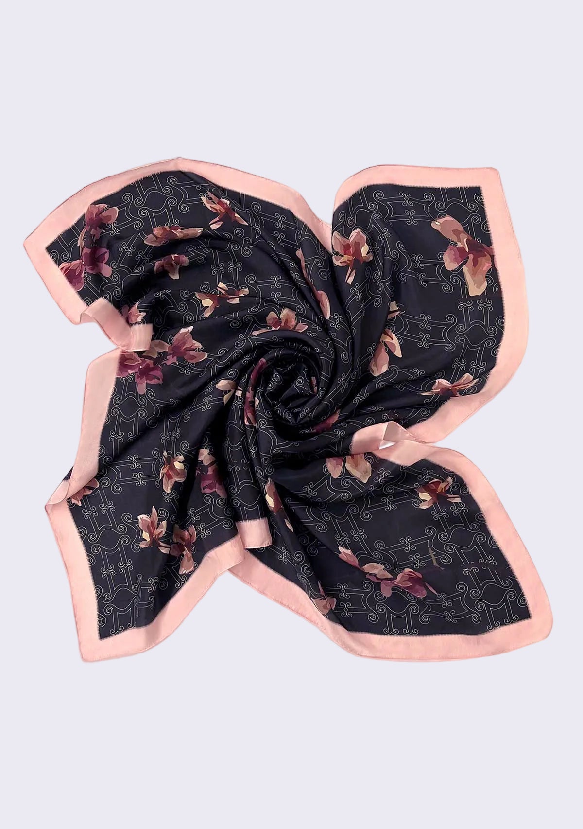 Maneesha Ruia Monogram Orchid Silk Scarf — orchid-inspired monogram print with signature pink border in silk twill