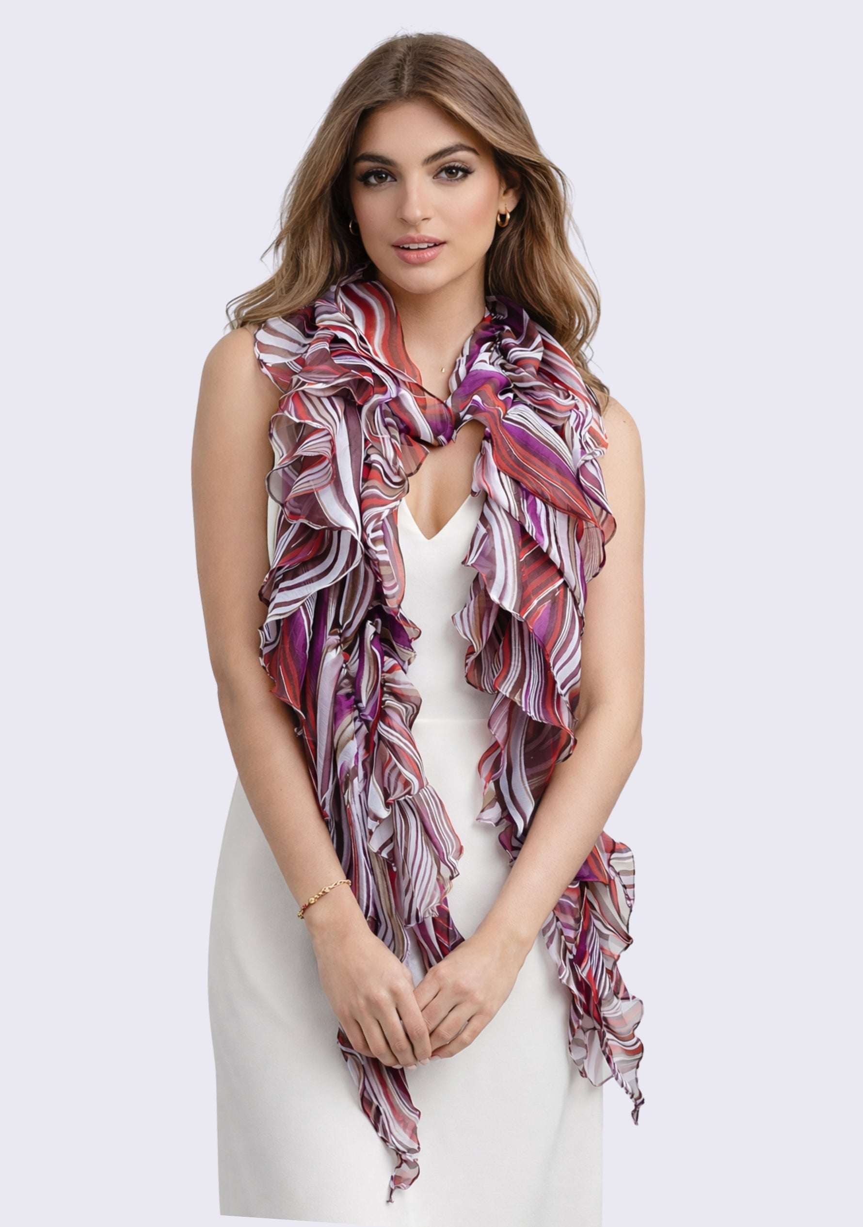 Maneesha Ruia multi-colored stripe print georgette elasticated scarf, lightweight luxury designer scarf for women