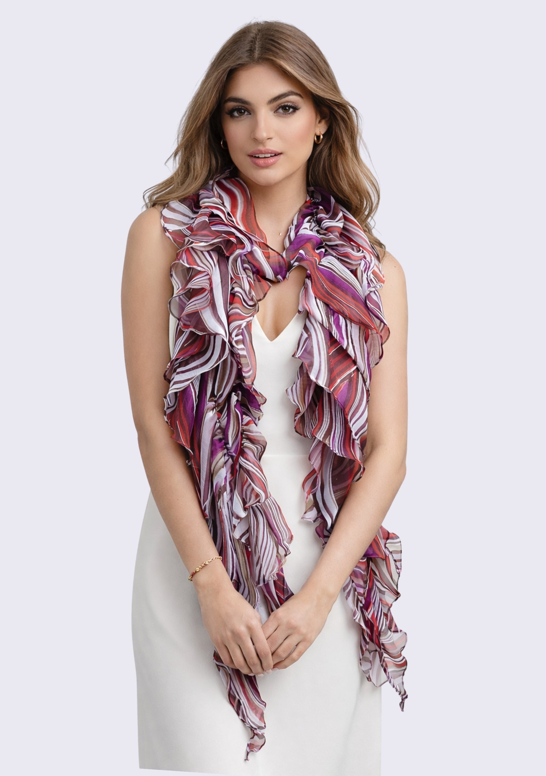 Maneesha Ruia multi-colored stripe print georgette elasticated scarf, lightweight luxury designer scarf for women