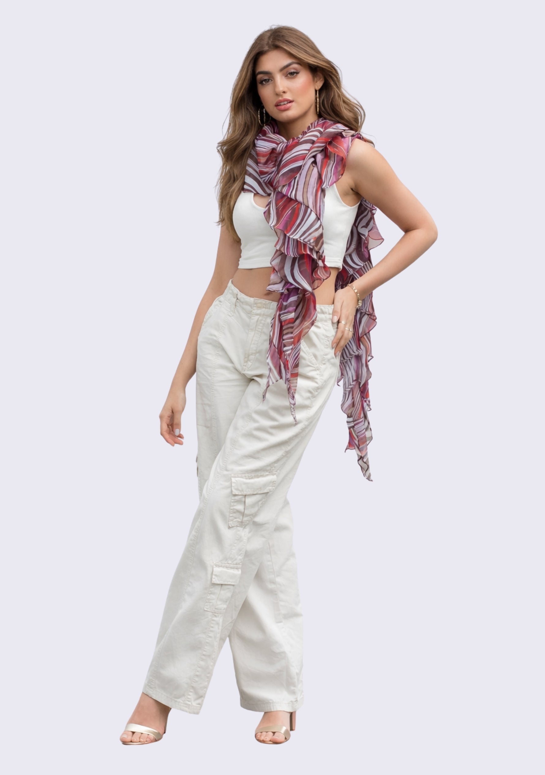 Maneesha Ruia multi-colored stripe print georgette elasticated scarf, lightweight luxury designer scarf for women